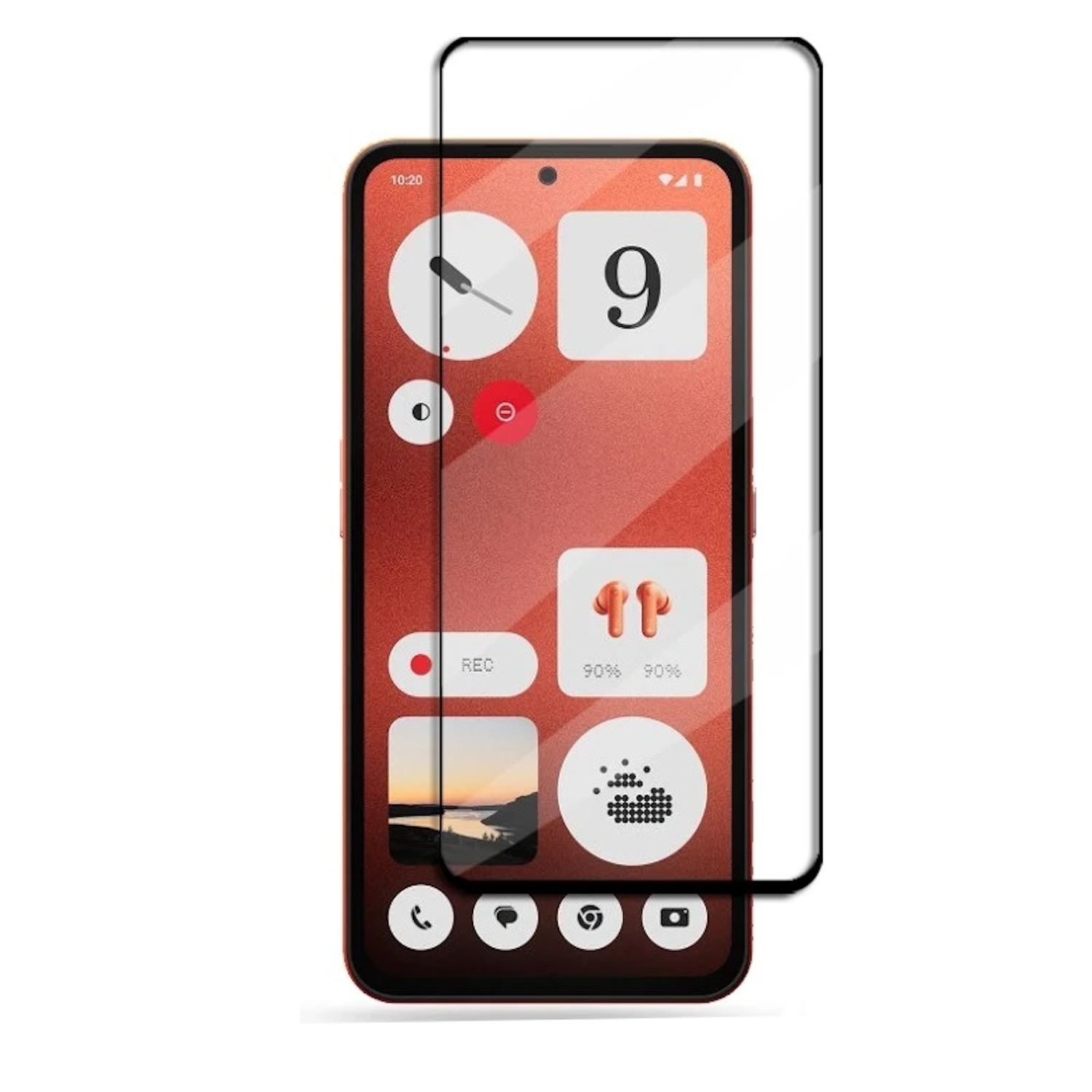 Smartphone con protezione schermo. Lo schermo mostra l'ora e le icone delle app. Cornice nera.