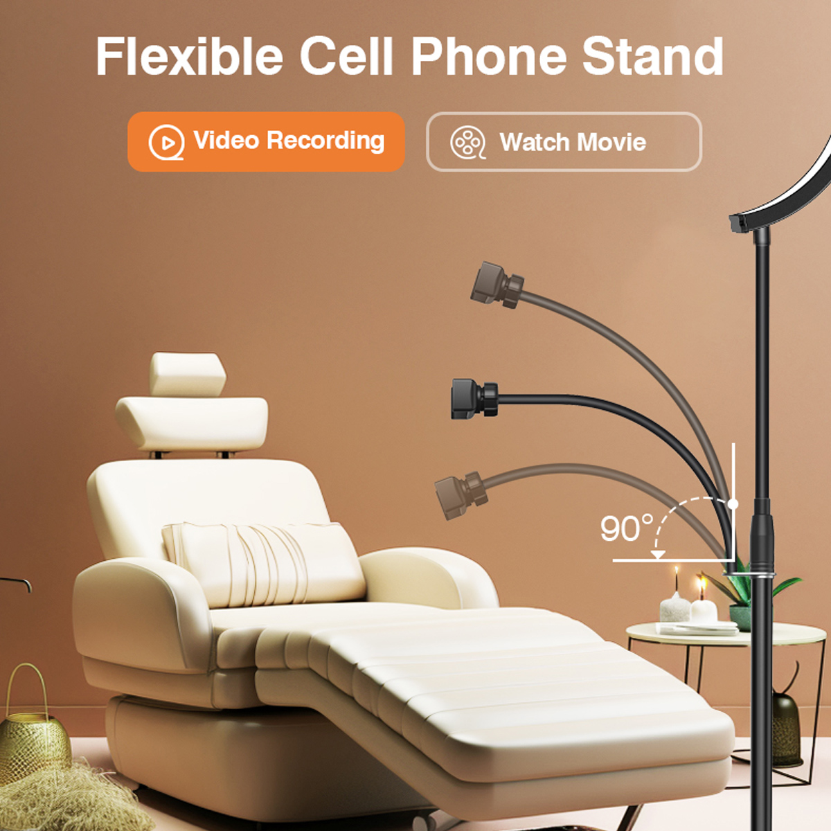 Flexibler Handy-Ständer mit Stuhl und Lampe. Die Lampe ist gebogen und schwarz.