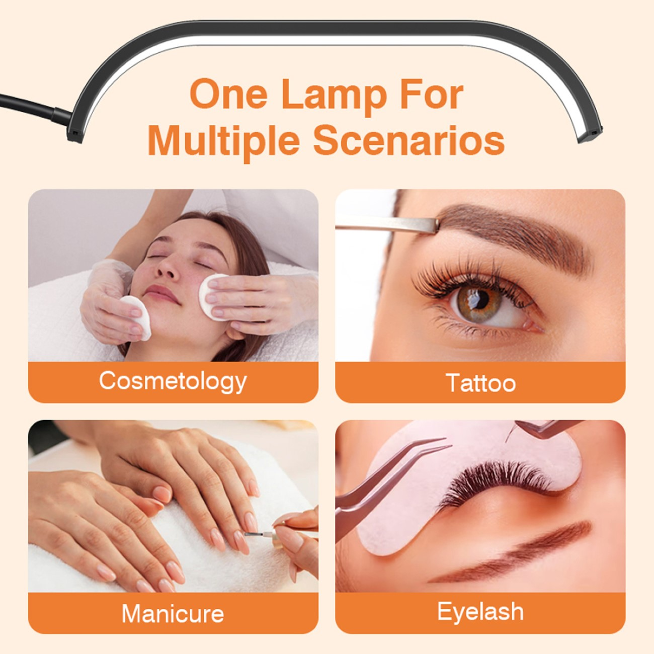 Eine bogenförmige Lampe mit vier insetierten Bildern, die Kosmetik, Tätowierungen, Maniküre und Wimpern zeigen.