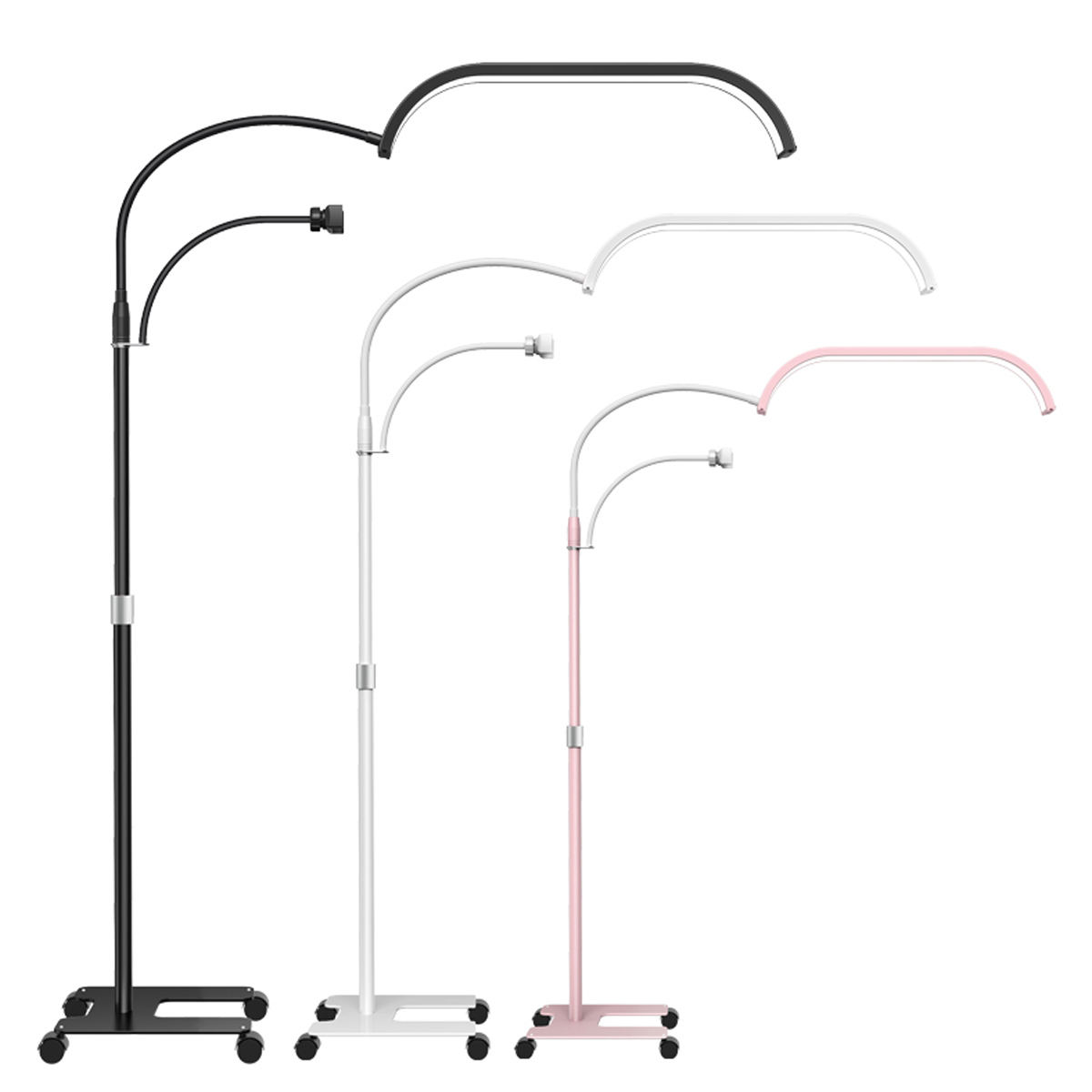 Vier bogenförmige LED-Lampen auf Ständern. Schwarze, weiße und rosa Modelle. Weißer Hintergrund.