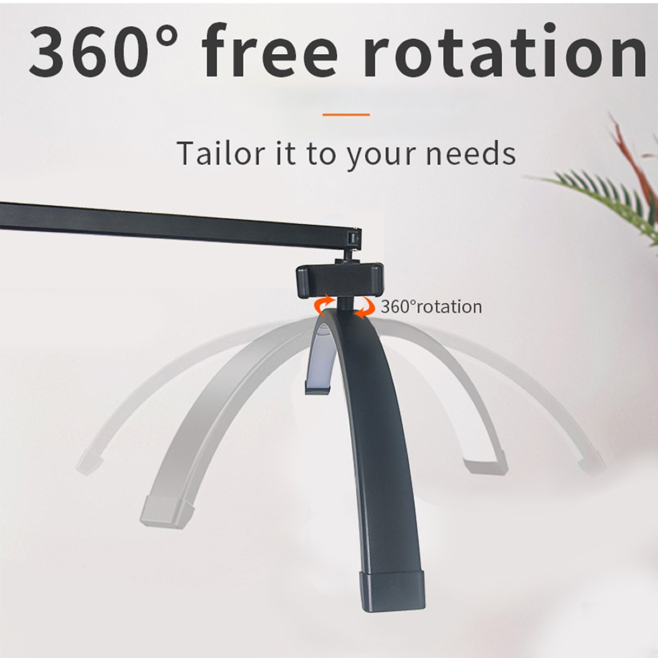 Schwarze Lampe mit flexiblem Arm, zeigt 360-Grad-Drehung. Weißer Hintergrund. Text lautet 'Tailor it...'
