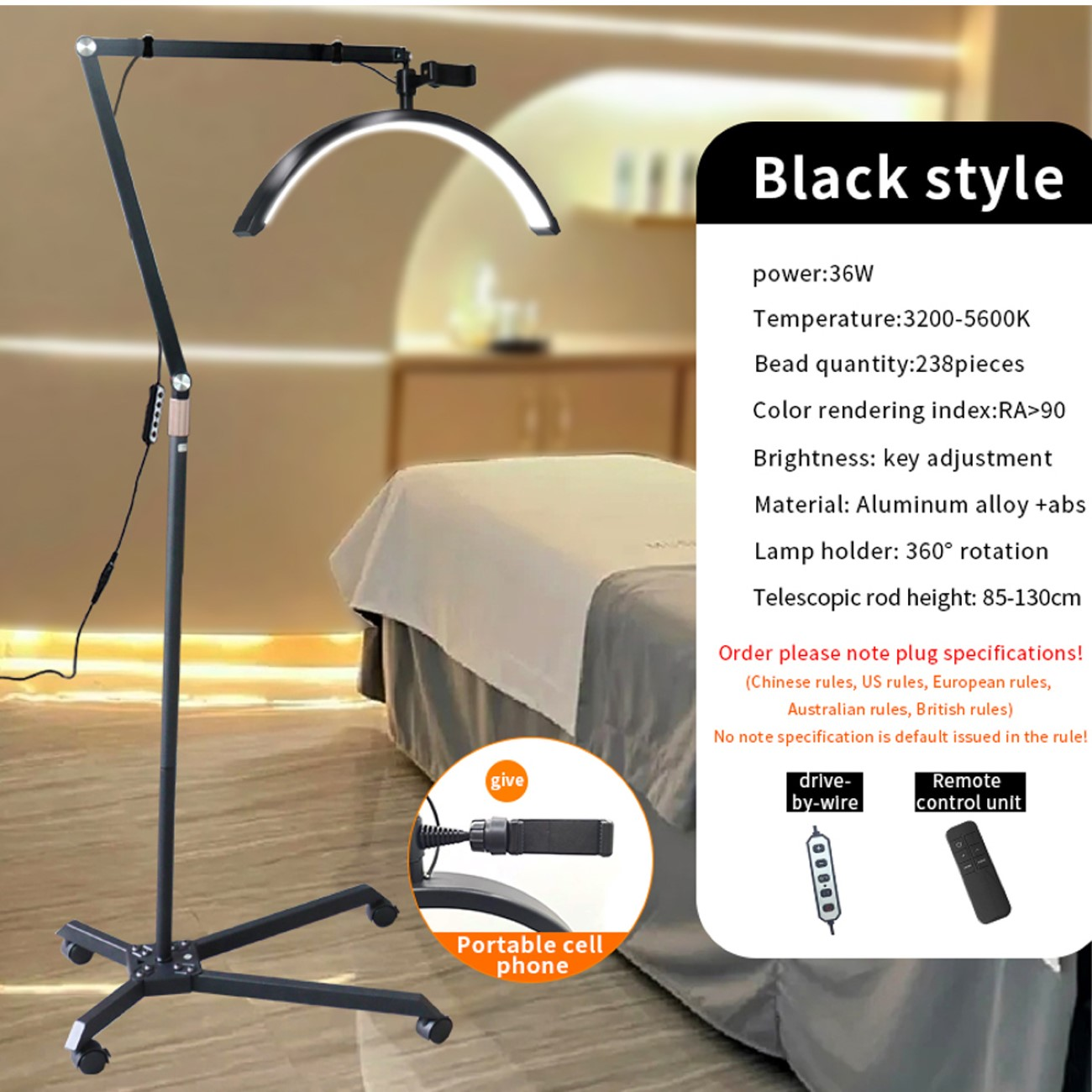 Eine schwarze, bogenförmige Lampe auf einem Ständer, mit einem Steuergerät. Sie hat Text und Spezifikationen an der Seite.