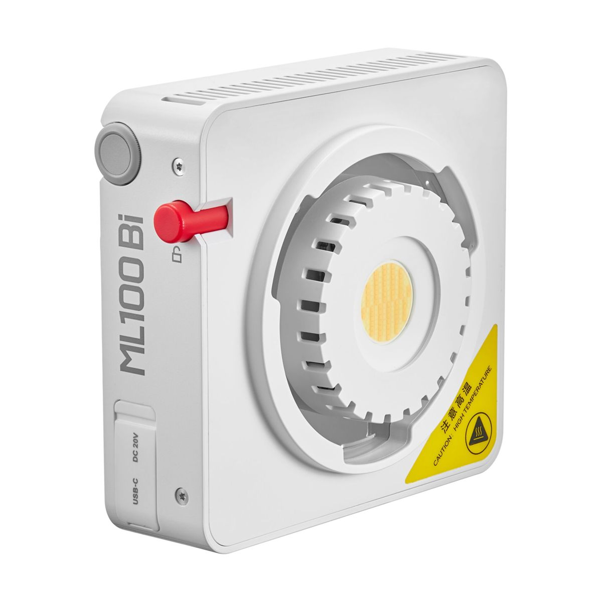 Ein weißes ML100 Bi-Licht mit gelbem Zentrum. Es hat einen roten Knopf und einen USB-C-Anschluss.