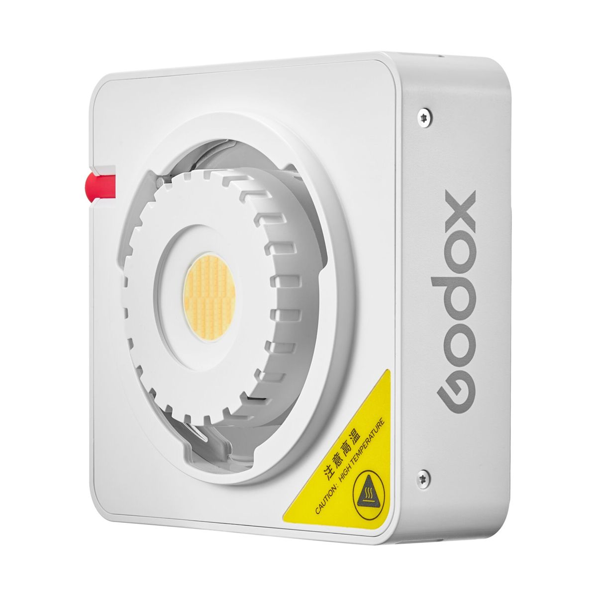 Ein weißes quadratisches Licht mit kreisförmiger Mitte, mit gelbem Licht und dem 'godox'-Logo.