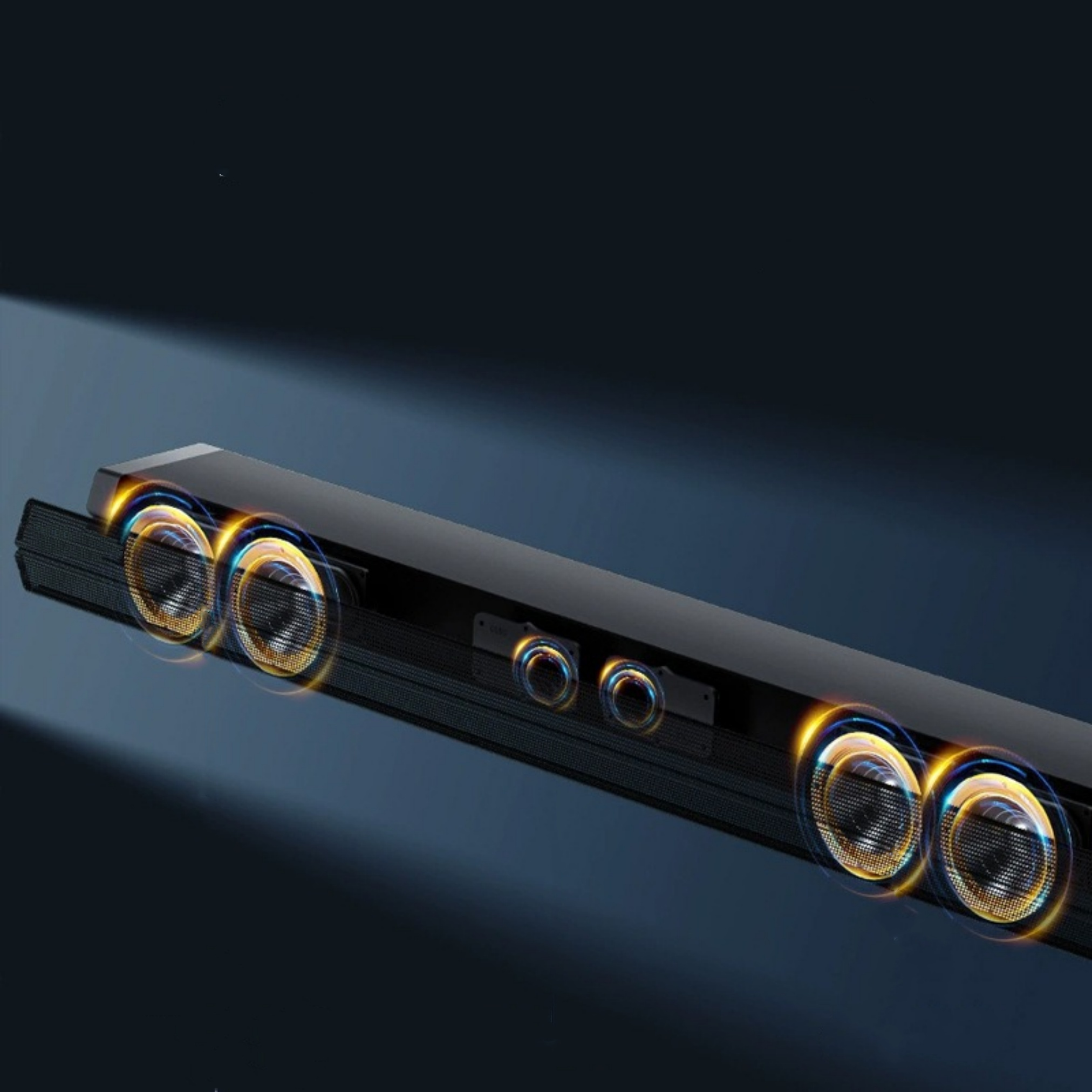 Schwarze Soundbar mit mehreren Lautsprechern, platziert auf dunklem Hintergrund.