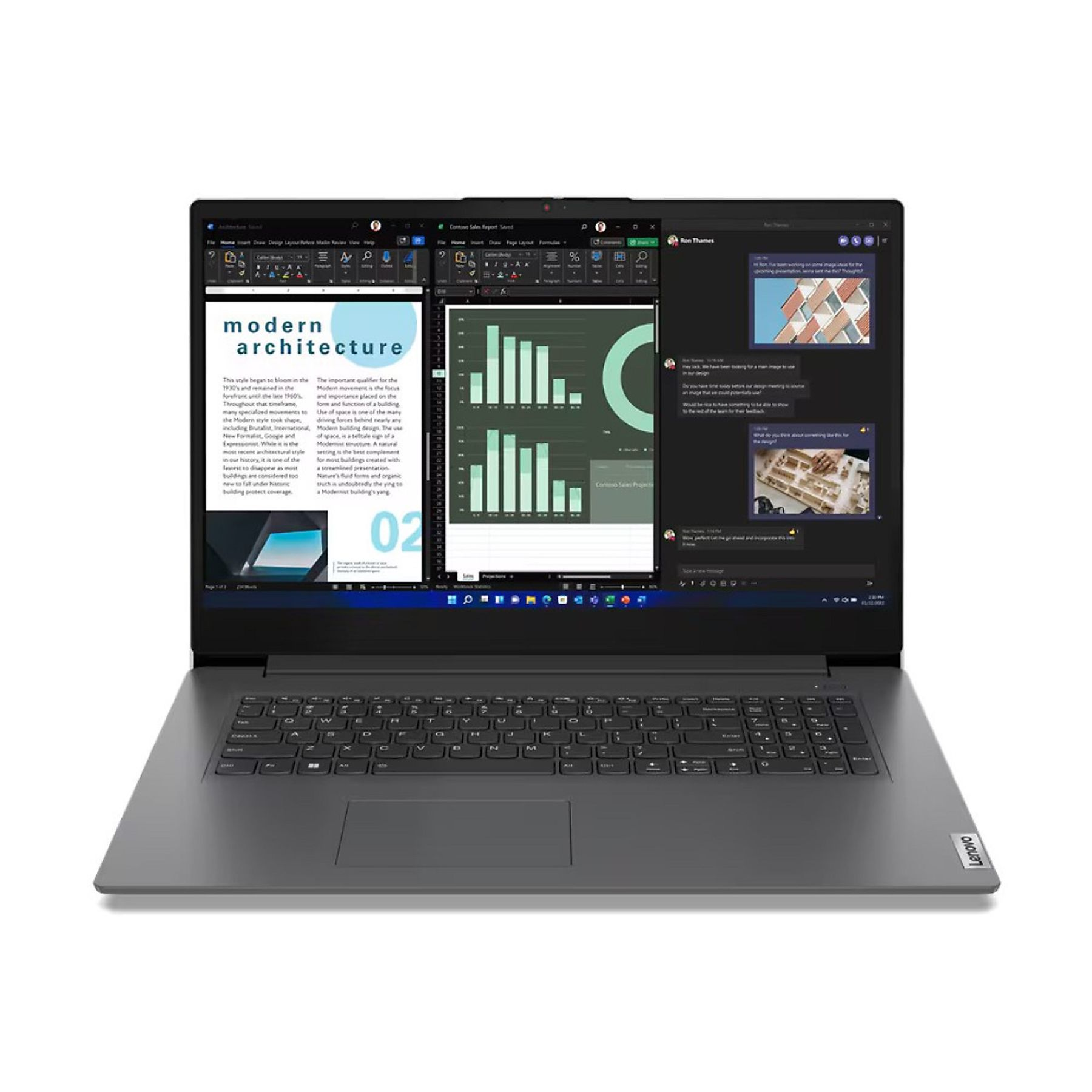 Ein grauer Lenovo-Laptop, der mehrere Fenster mit Diagrammen und Text anzeigt. Lenovo-Logo unten.