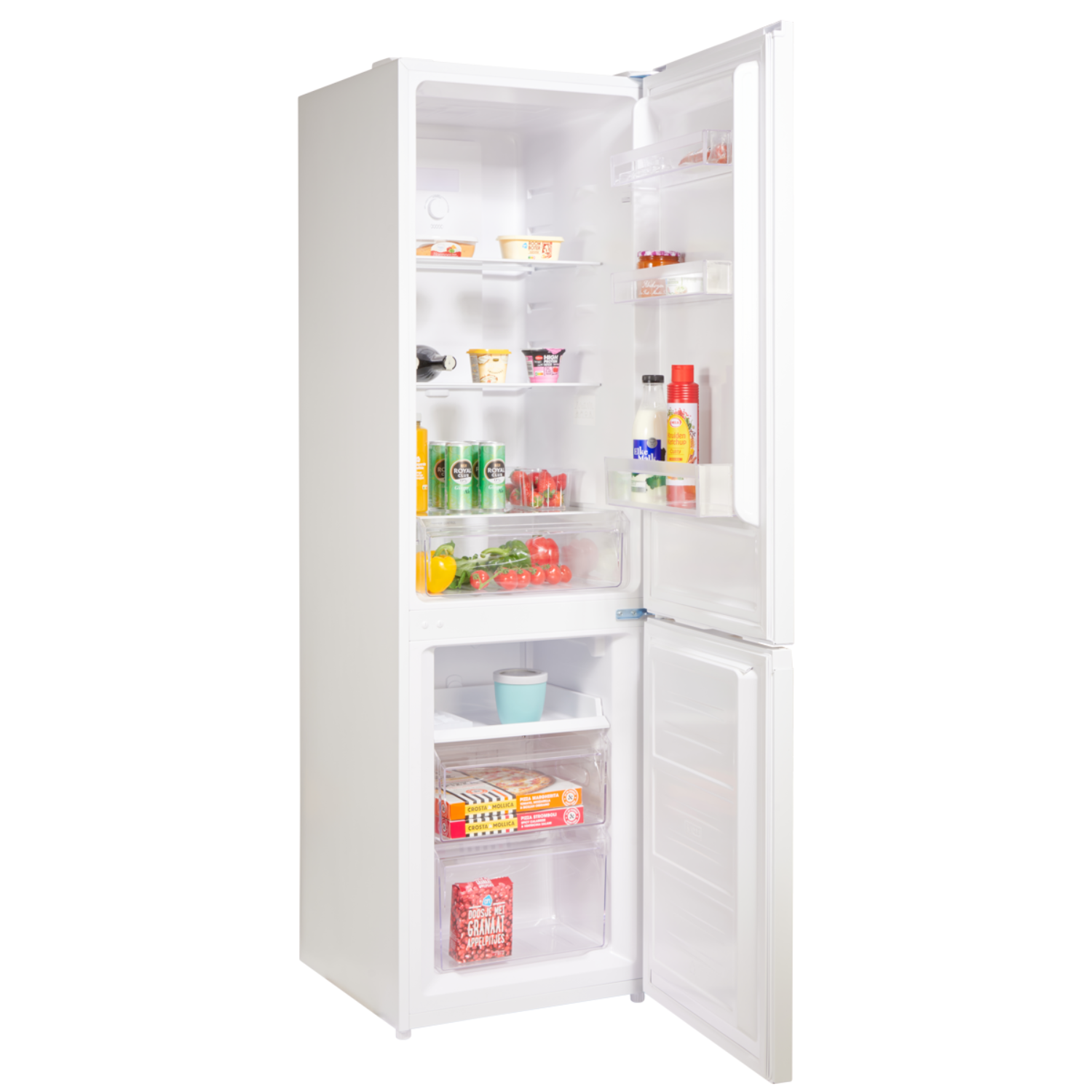 Réfrigérateur blanc avec porte ouverte, rempli d'aliments dans des contenants transparents.