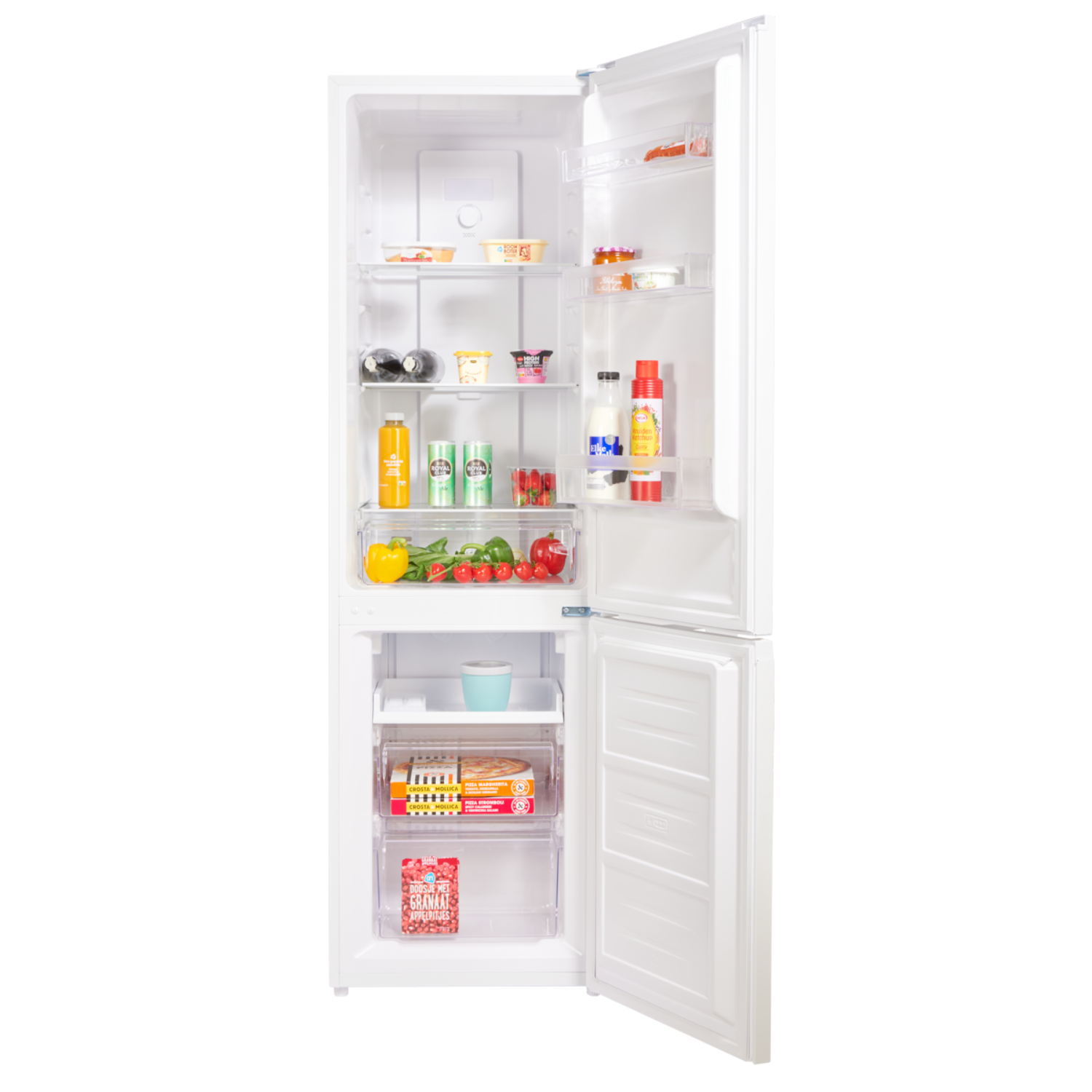 Réfrigérateur blanc ouvert avec étagères et tiroirs. Contient des aliments, des fruits, des boissons et des contenants.