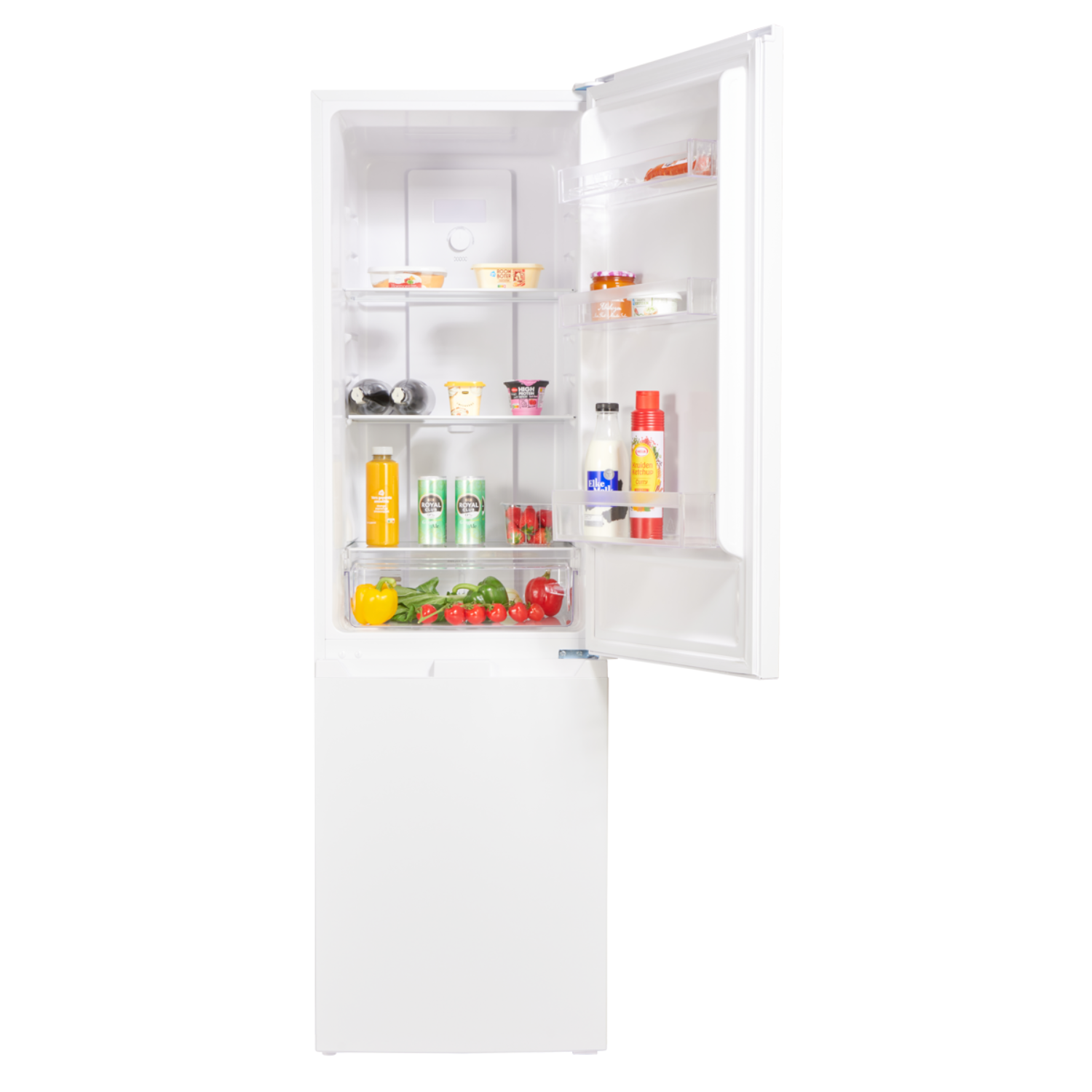 Réfrigérateur blanc ouvert rempli d'aliments sur les étagères ; congélateur inférieur plein.
