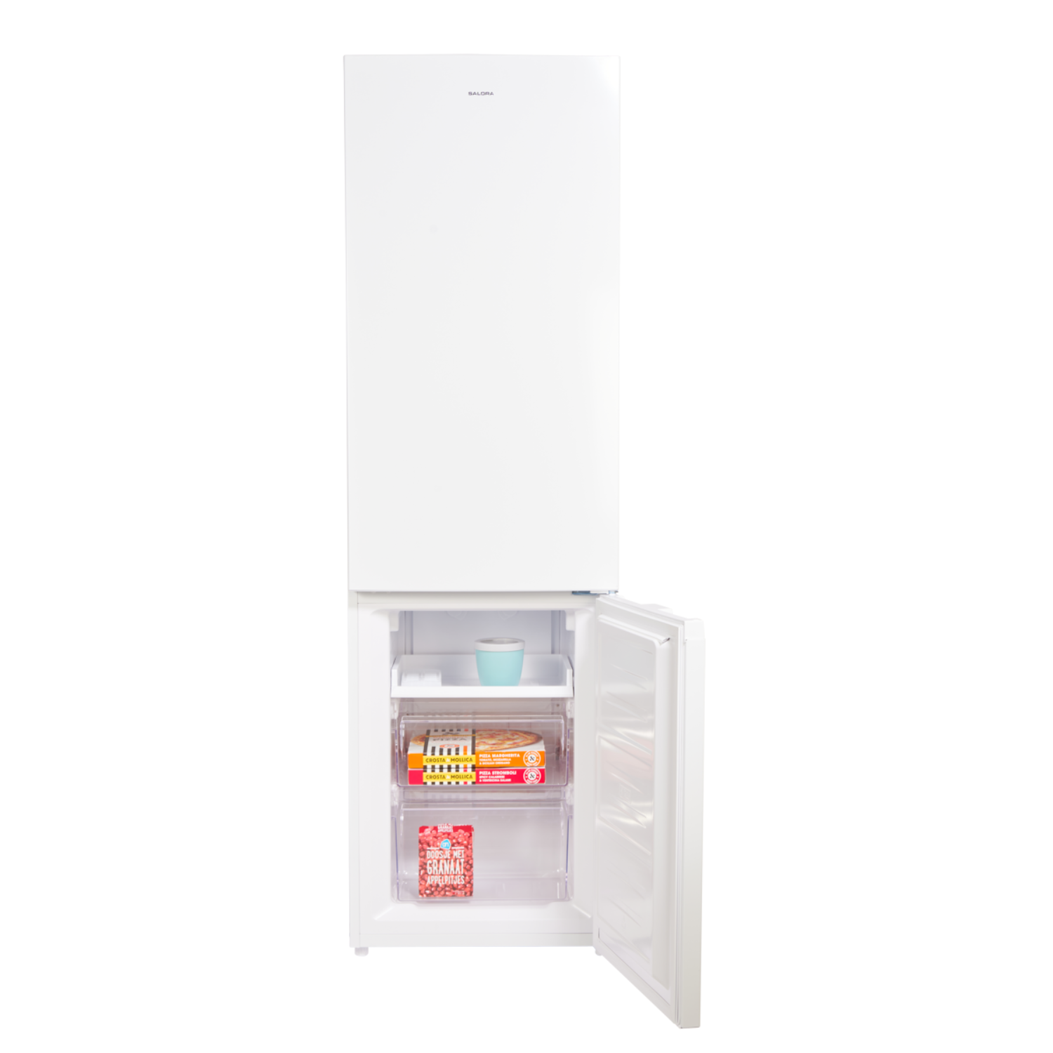 Réfrigérateur blanc avec la porte du congélateur ouverte. À l'intérieur, des aliments.