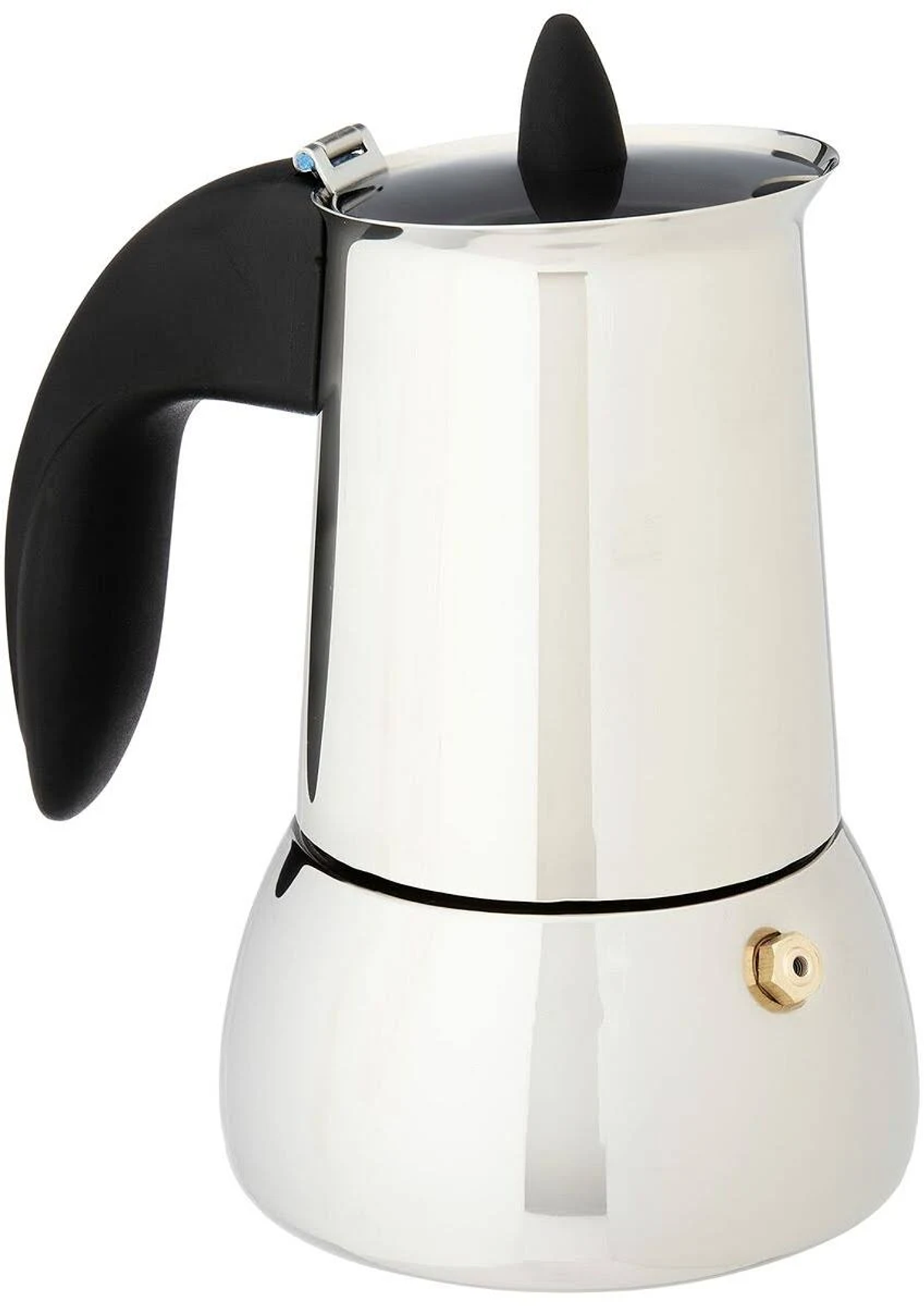 Una cafetera moka de plata metálica y negra con asa negra.
