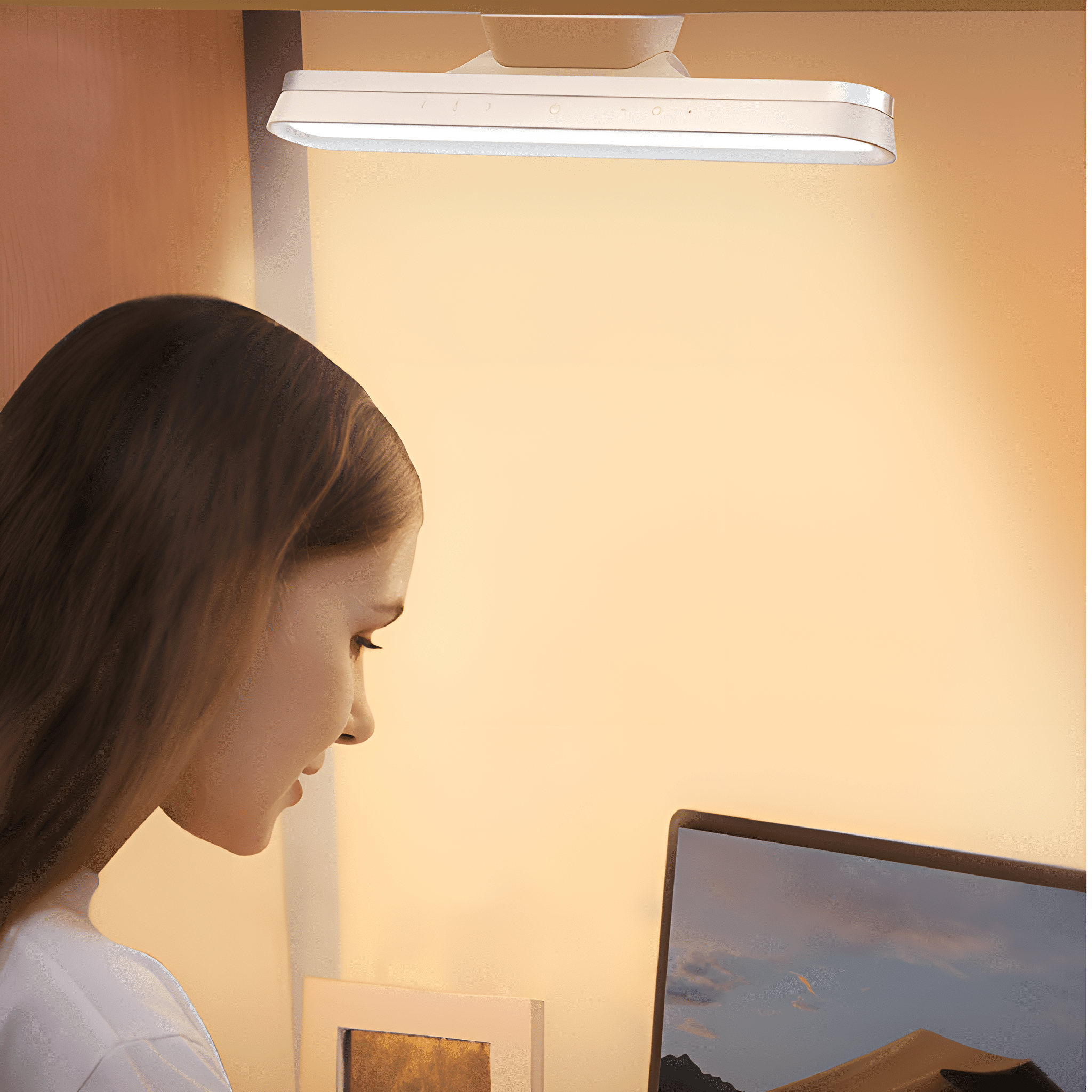 Eine Frau, die unter einer Schreibtischlampe an einem Laptop arbeitet.