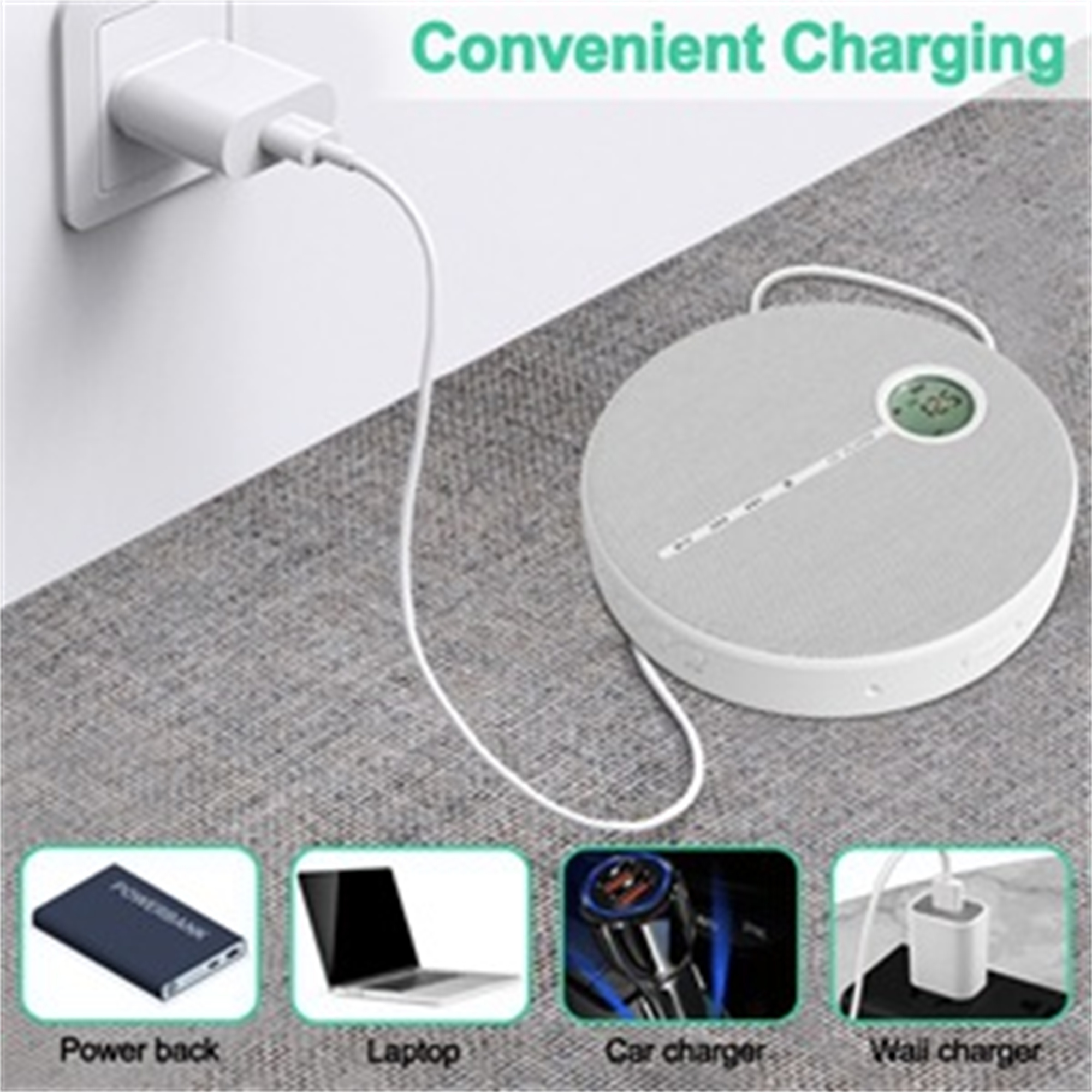 Ein weißes Ladegerät, das in eine Wand gesteckt wird. Ein tragbarer Lautsprecher, Laptop, Powerbank.