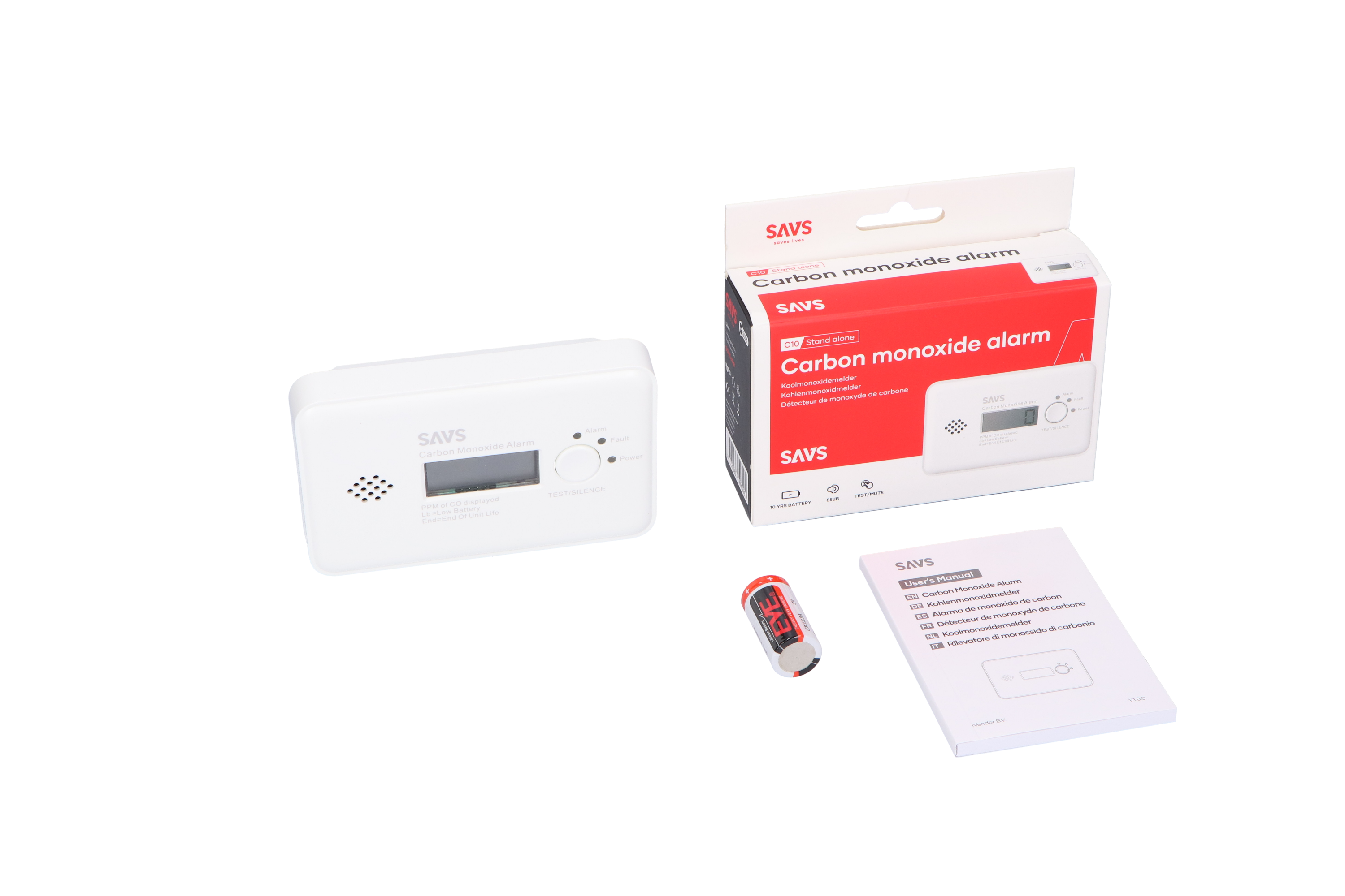 Kohlenmonoxid-Alarm und Zubehör. Weißer Alarm, Box, Batterie und Handbuch. Schwarzer Hintergrund.