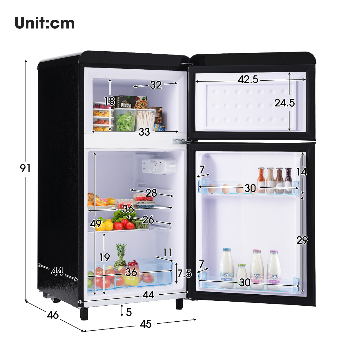 Schwarzer Kühlschrank mit Abmessungen in Zentimetern. Die Türen sind geöffnet, Regale sichtbar.