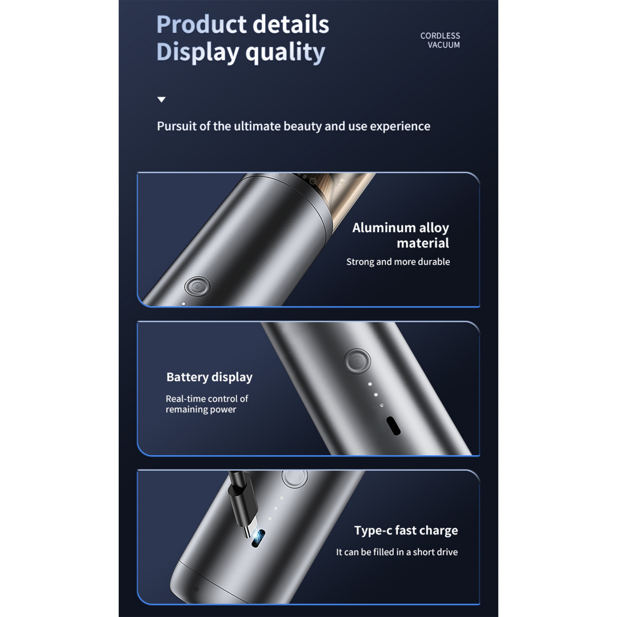 Nahaufnahme eines Staubsaugers mit Abschnitten, die Aluminiumlegierung, Batteriedisplay und Schnellladung zeigen.