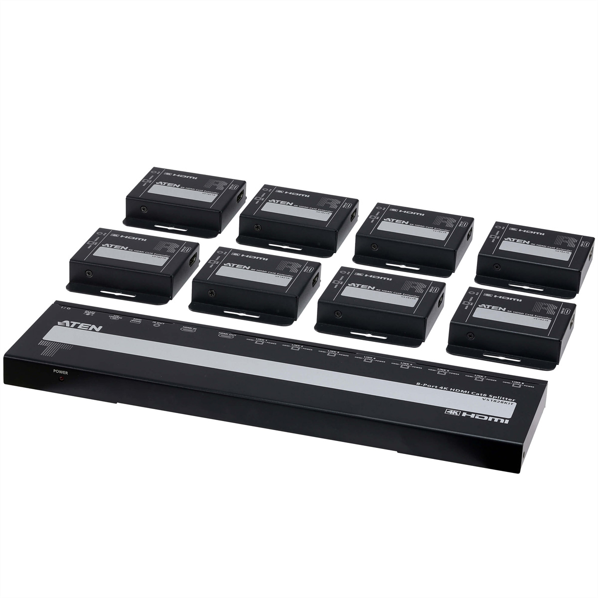 Ensemble de séparateurs HDMI noirs. Les séparateurs sont étiquetés. Fond blanc.