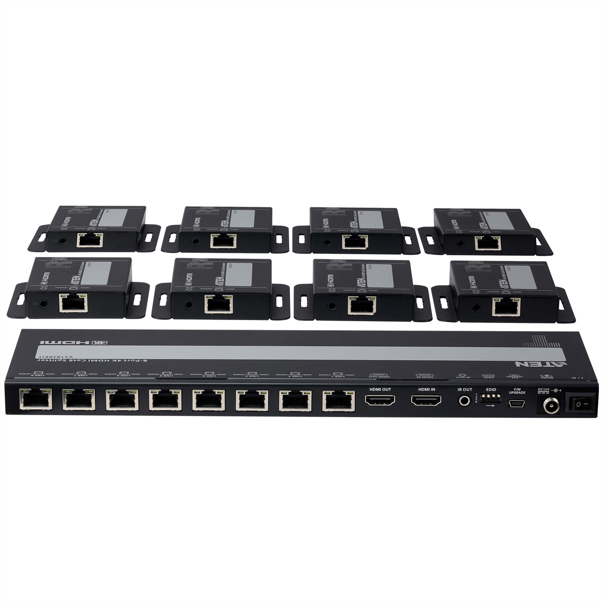 Diviseur noir avec plusieurs ports et appareils réseau connectés. Ports HDMI et réseau visibles.