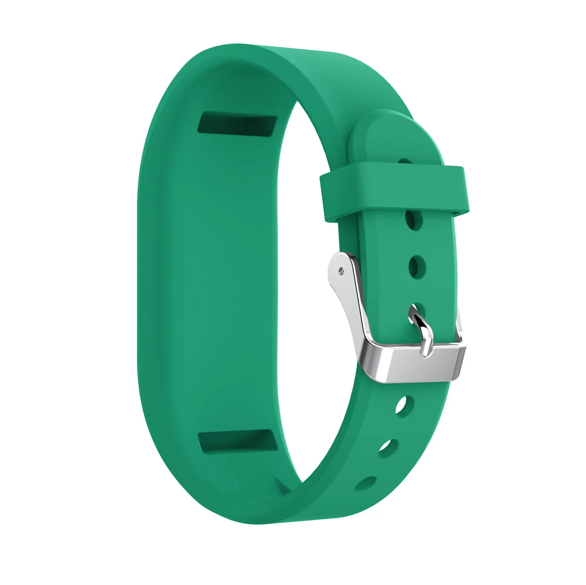 Grünes Silikon-Uhrenarmband mit silberner Schnalle, isoliert auf weißem Hintergrund.