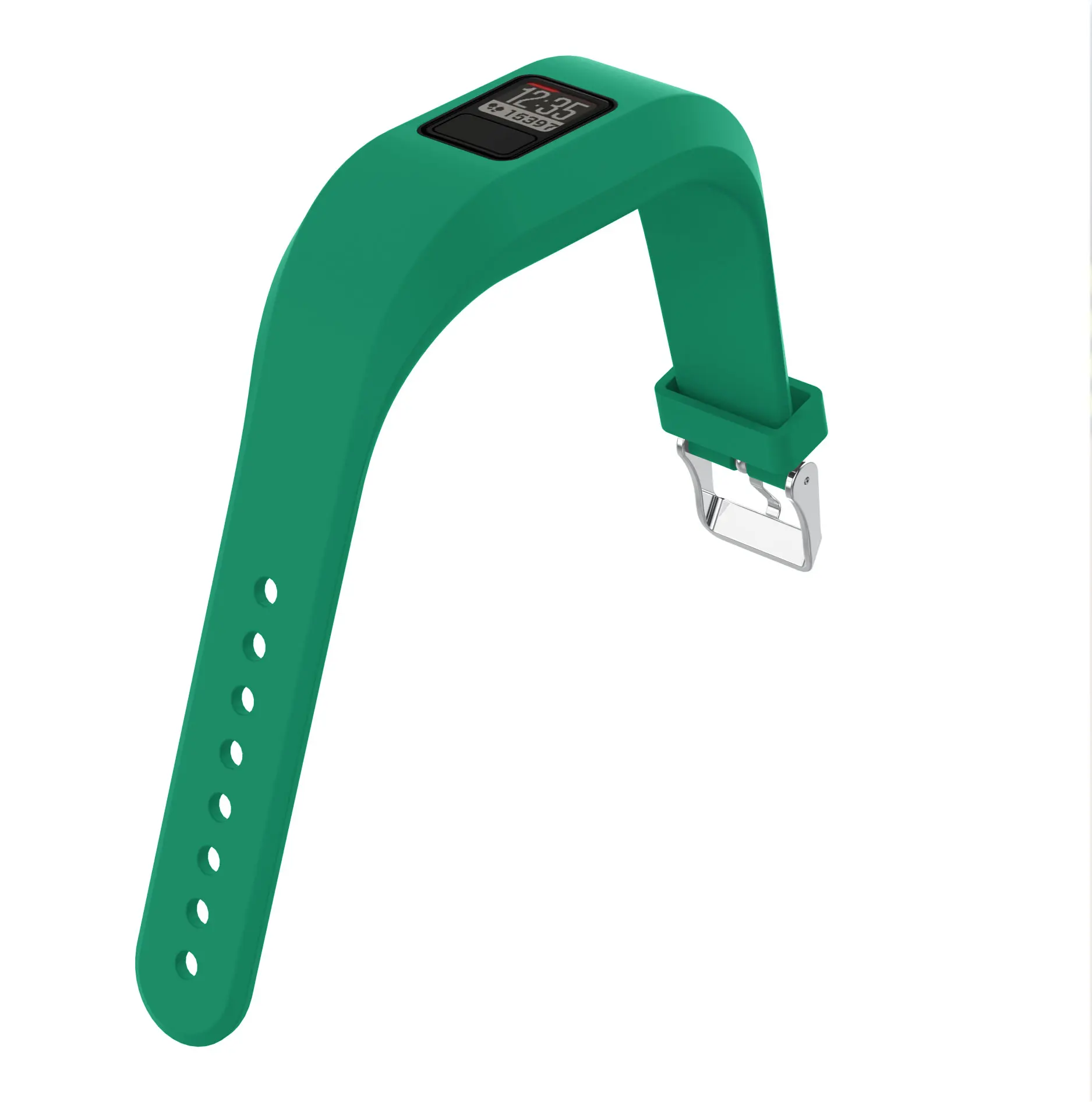 Grünes Fitness-Tracker-Armband mit Bildschirm und Verschluss.