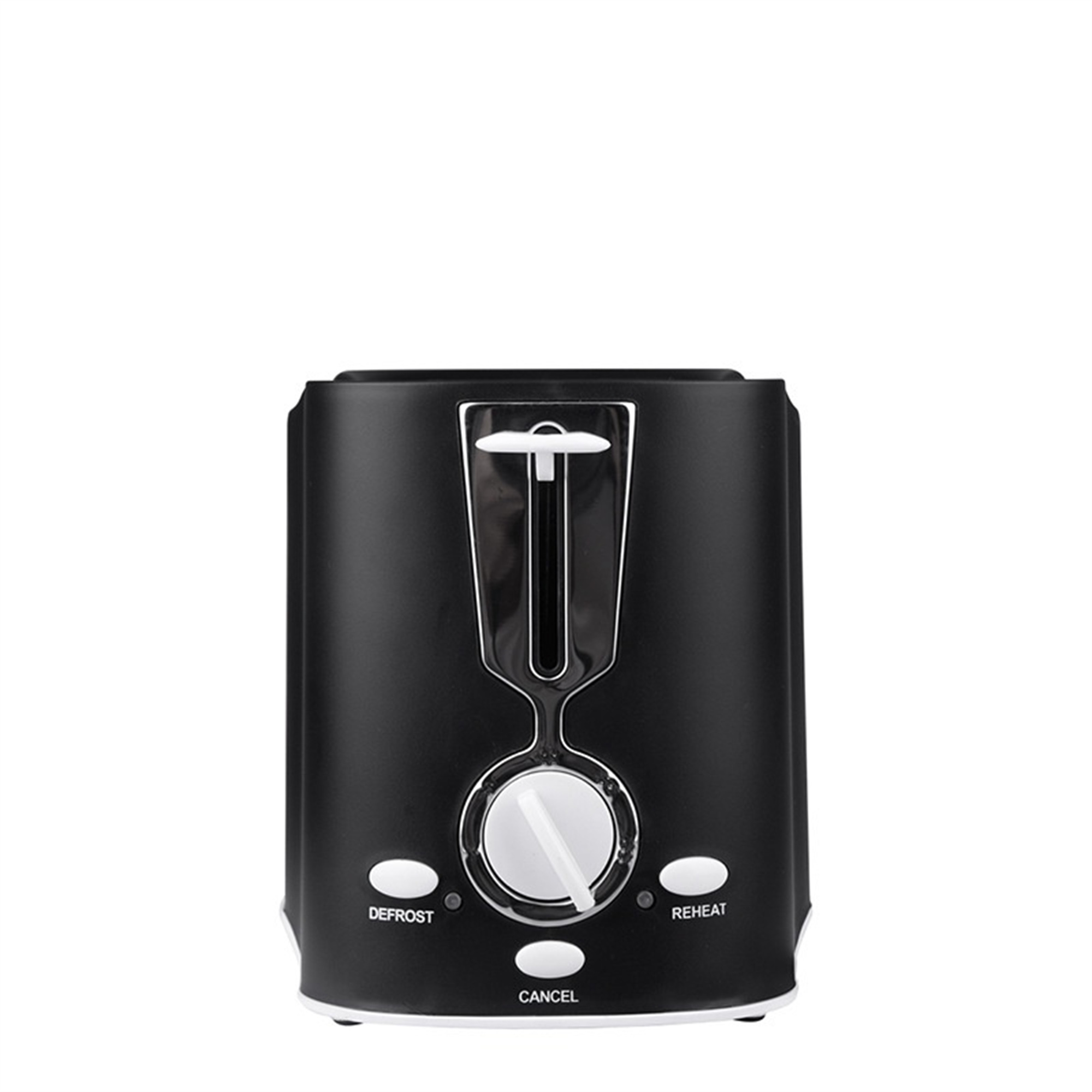 Schwarzer Toaster mit weißen Knöpfen. Er hat einen Drehregler und Schlitze für Brot.