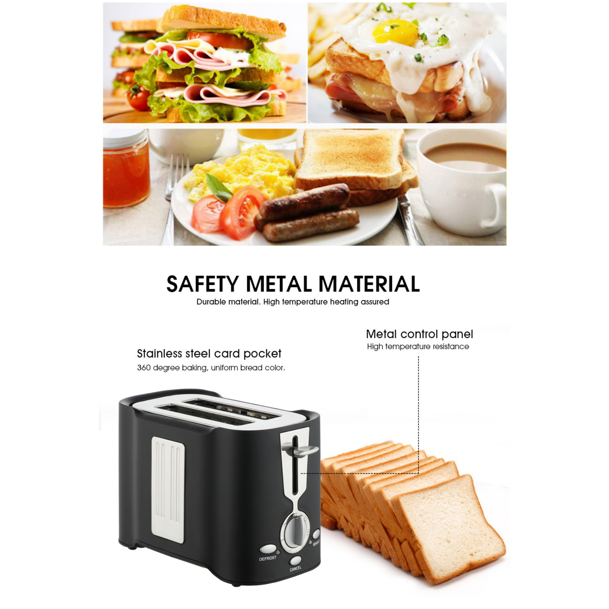 Bilder von Frühstücksessen und einem schwarzen Toaster. Text: Sicherheitsmaterial, Edelstahlkartenfach und Metallbedienfeld.