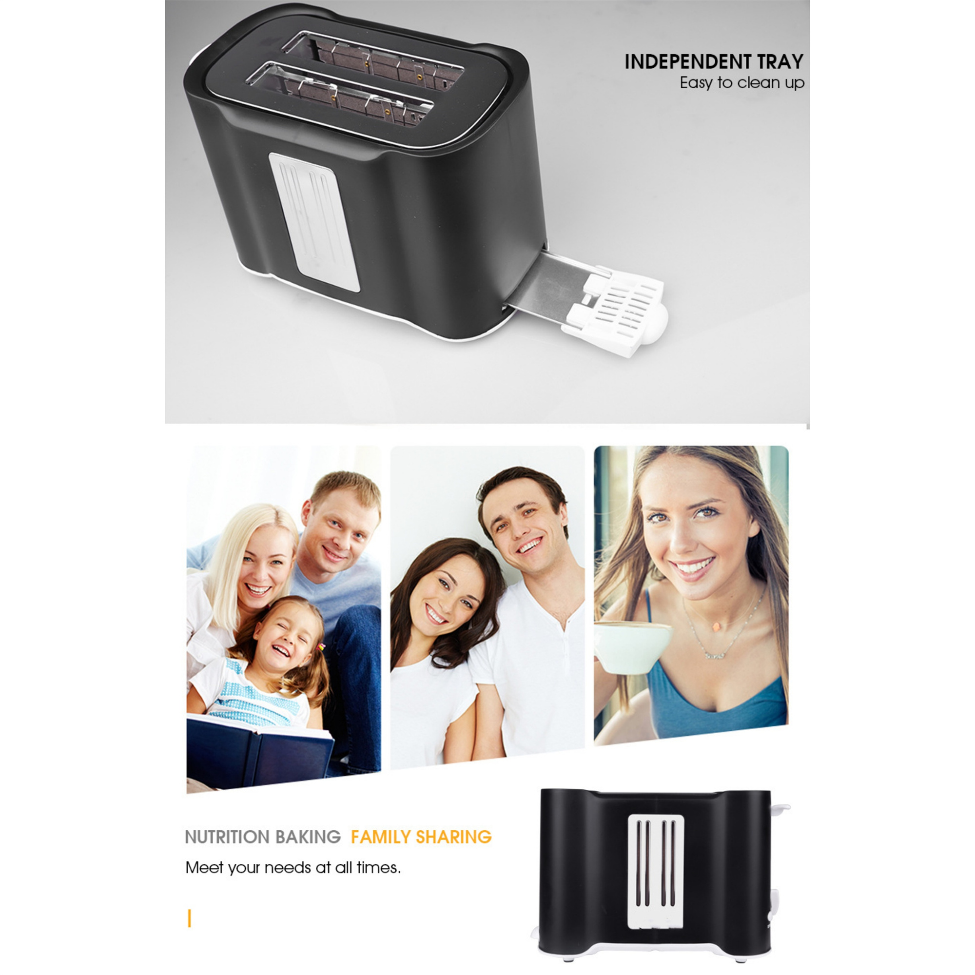 Schwarzer Toaster mit zwei Schlitzen. Darunter Bilder von Familie und Toaster.