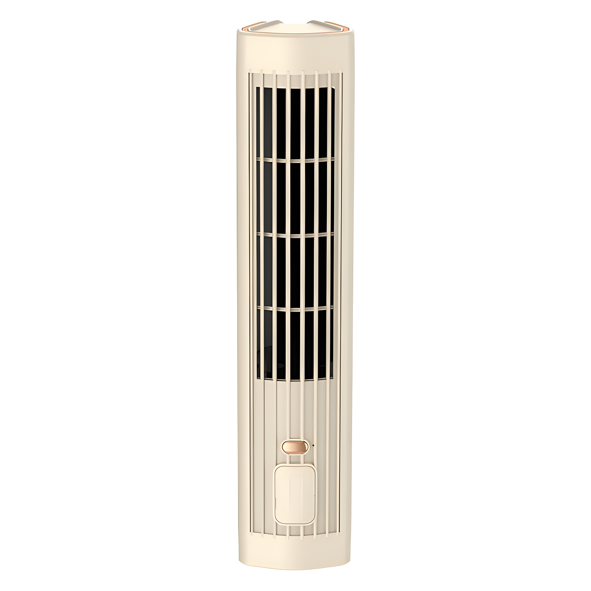 Hoher, beigefarbener Turmventilator mit schwarzen Lamellen. Unten befindet sich ein Bedienfeld.