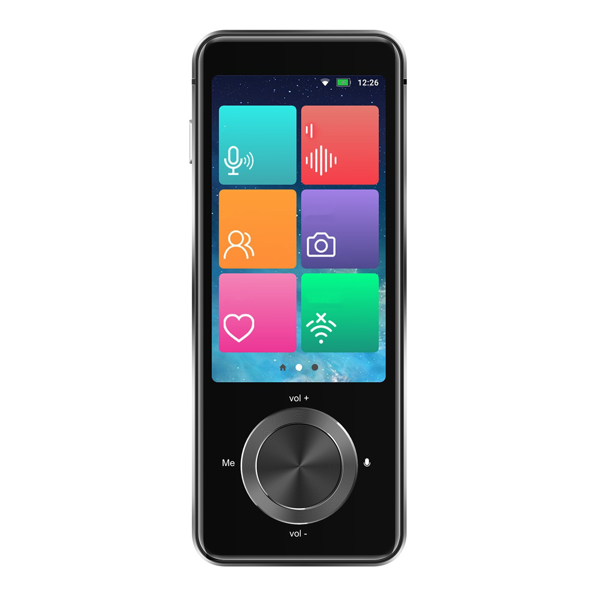 Ein schwarzes Handübersetzungsgerät mit einem Bildschirm, der App-Symbole und einen Lautstärkeregler zeigt.