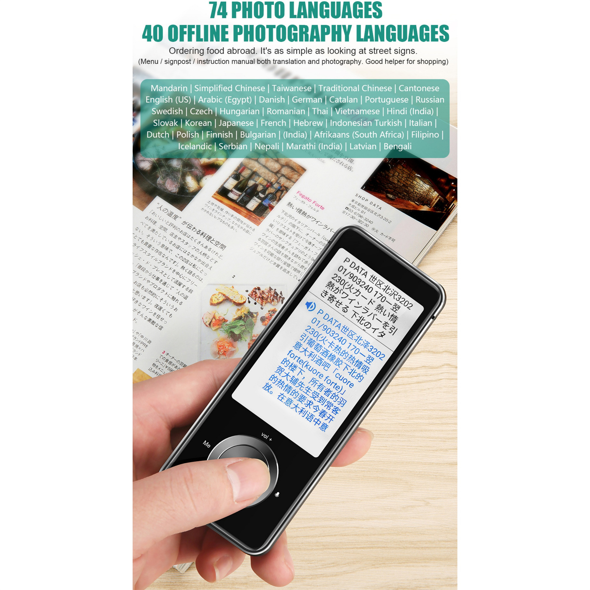 Eine Person, die ein Gerät mit Text und Bildern hält, mit einem Hintergrund aus Seiten.