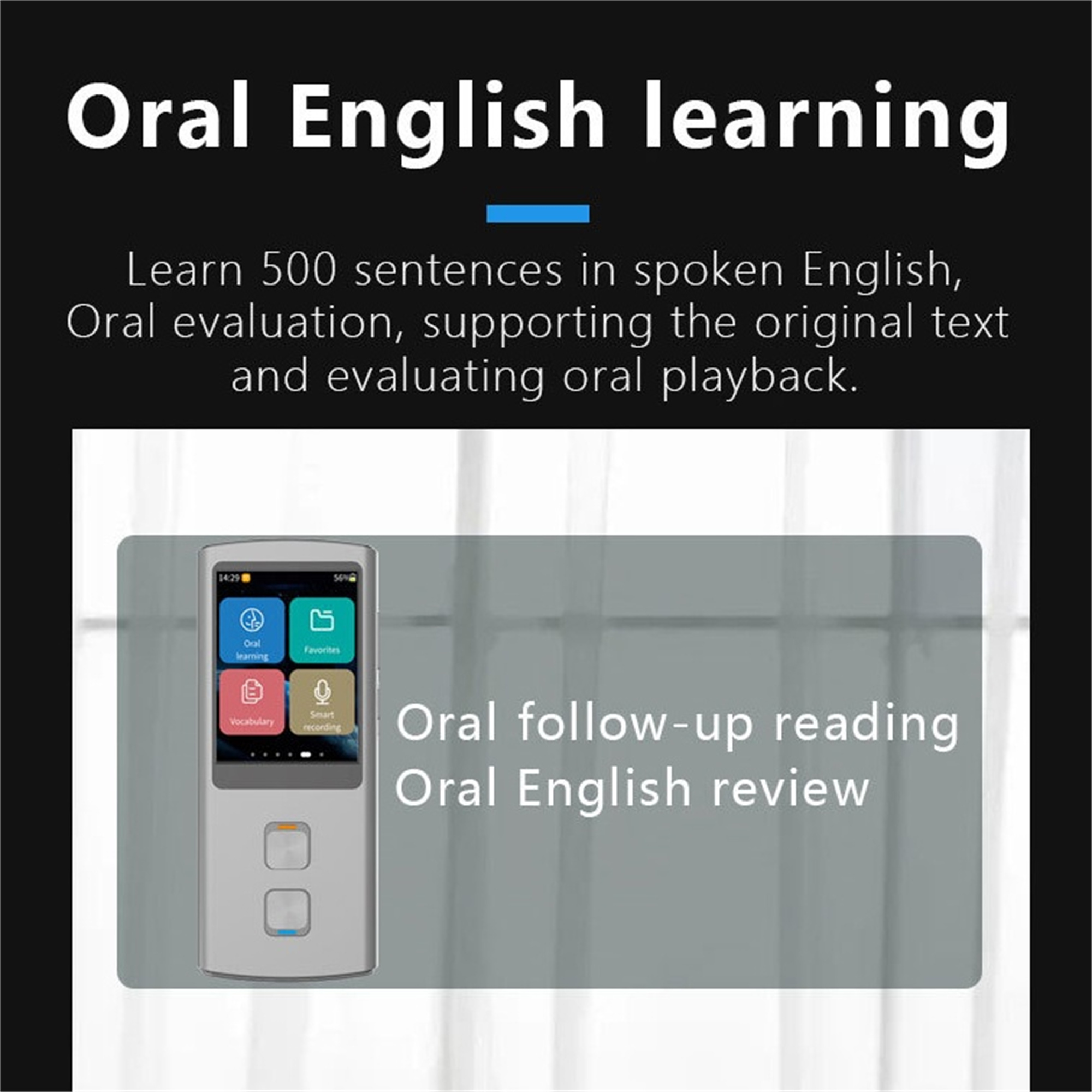 Gerät zum Erlernen der englischen Sprache. Bildschirm zeigt Symbole, weißes und graues Gehäuse.