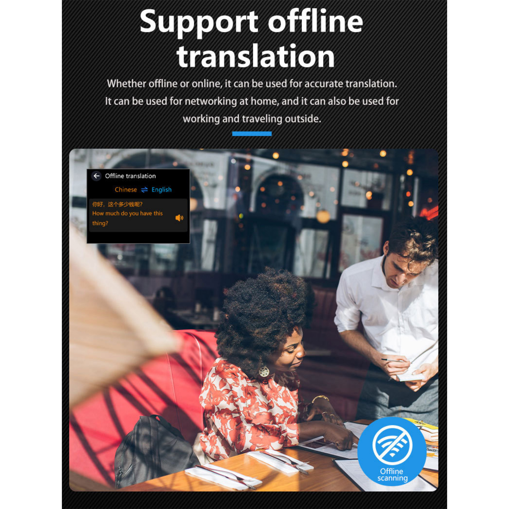 Eine Frau und ein Mann werden gezeigt, die die Offline-Übersetzung mit einem Gerät unterstützen.