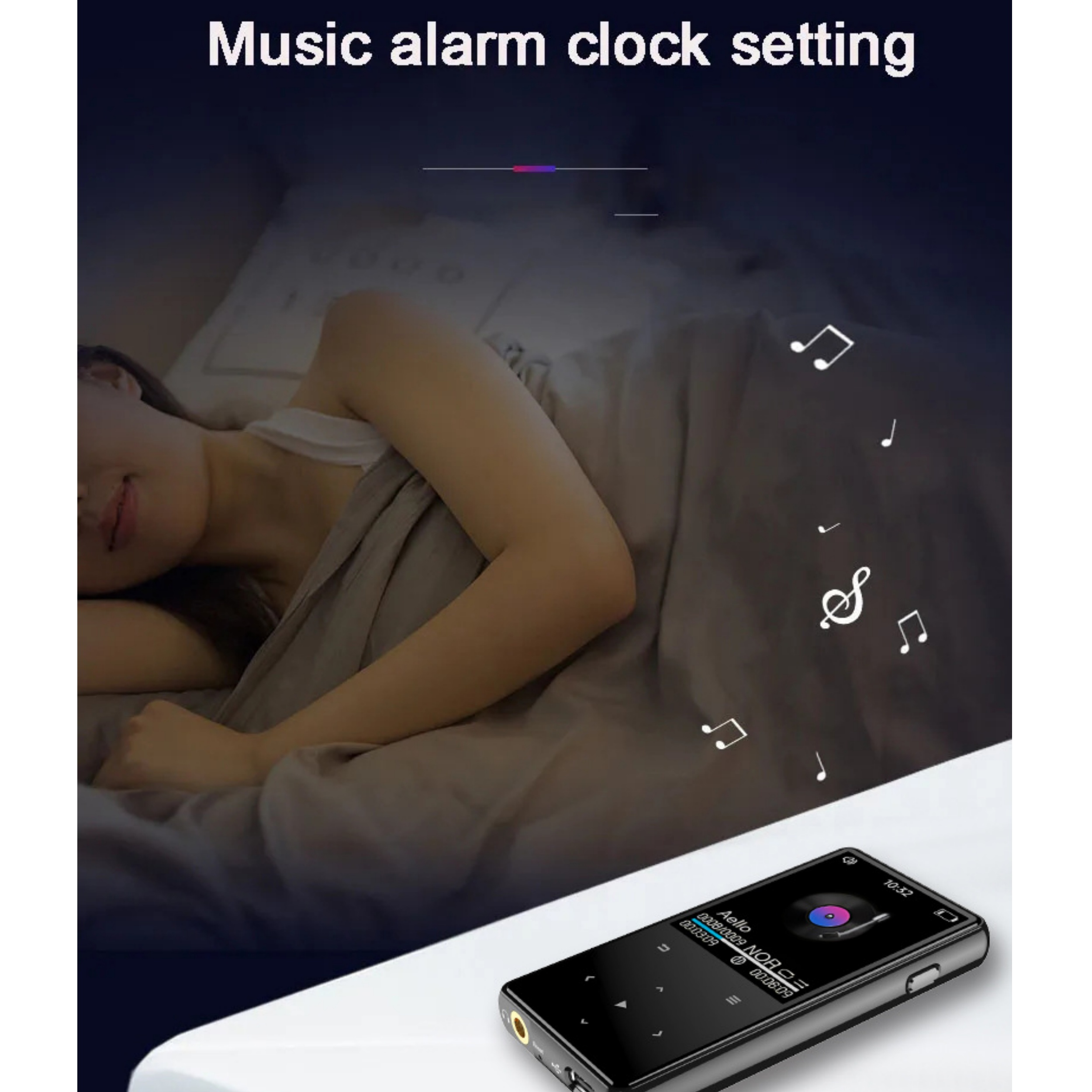 Eine Person schläft mit Noten und einem Musikplayer.