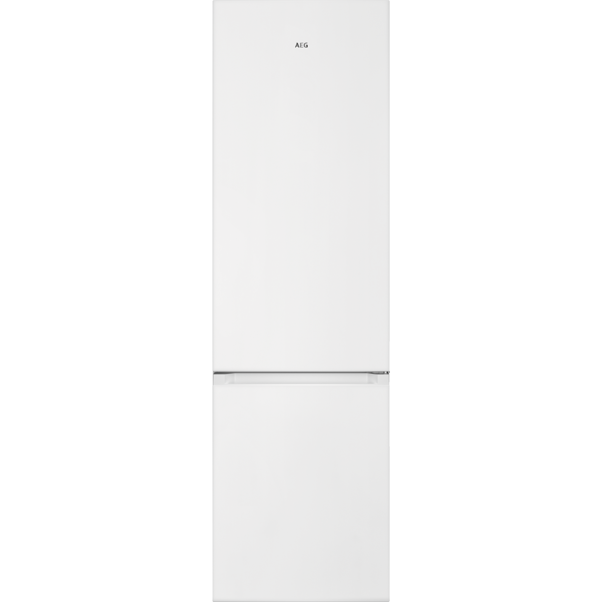 Refrigerador AEG blanco. El refrigerador es alto y tiene un compartimento congelador en la parte inferior.