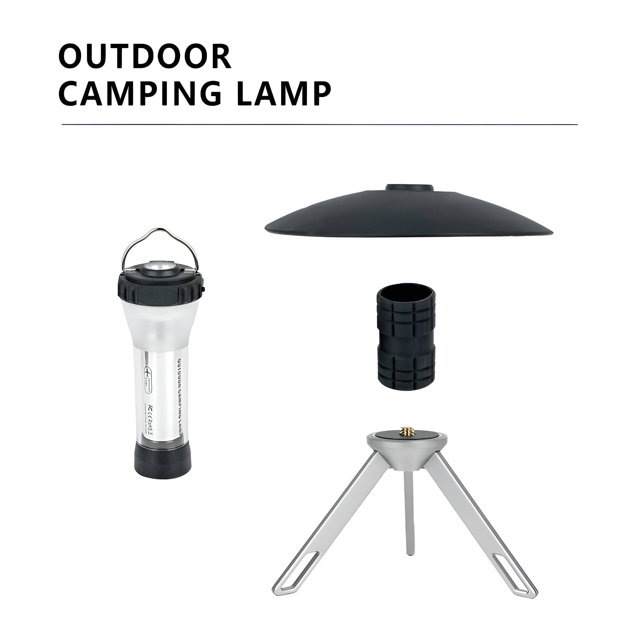 Campinglampe und Zubehör. Enthält eine Lampe, einen Schirm, eine Hülle und einen Stativständer.