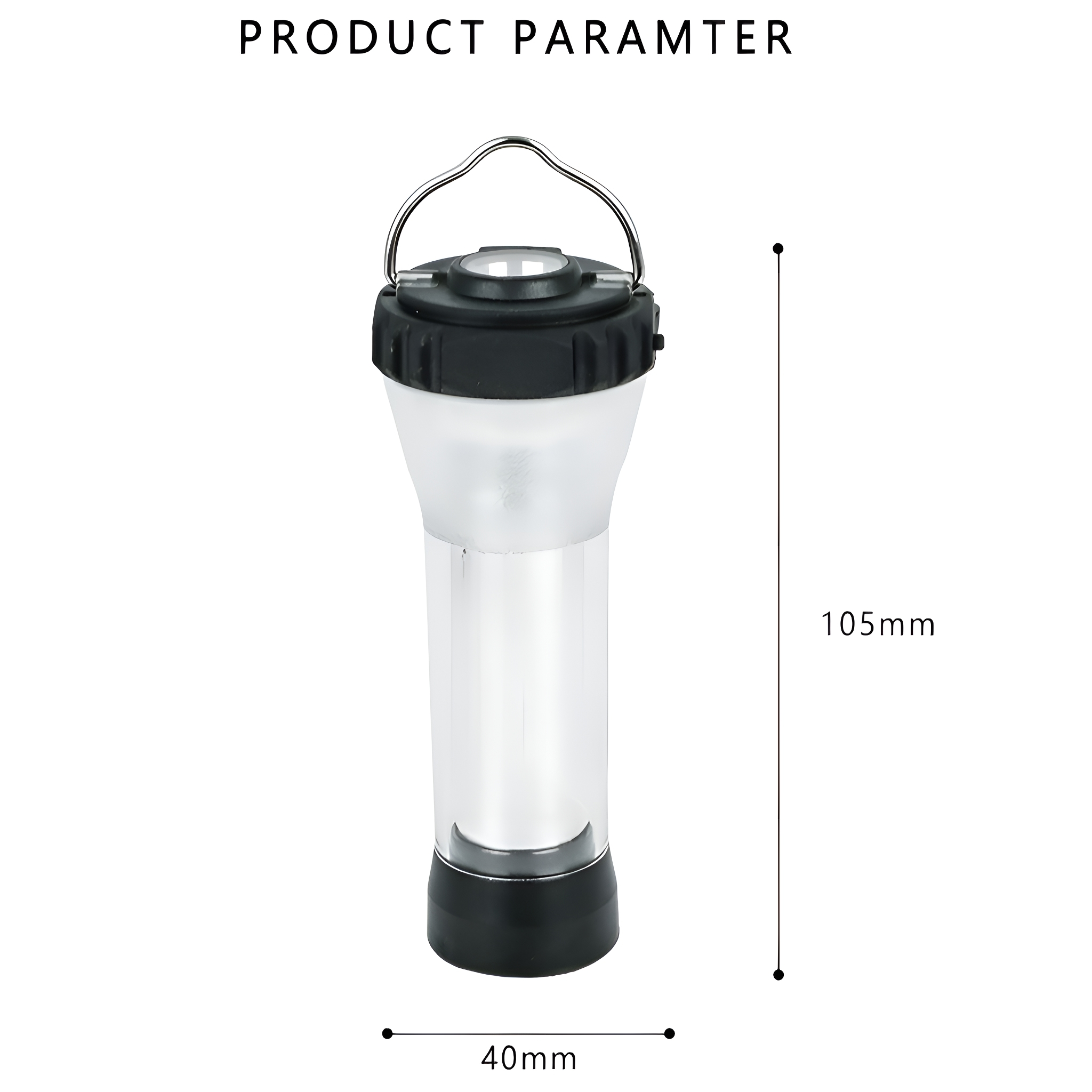 Schwarz-klare Laterne. Maße: 105 mm Höhe, 40 mm Breite. Metallgriff oben.