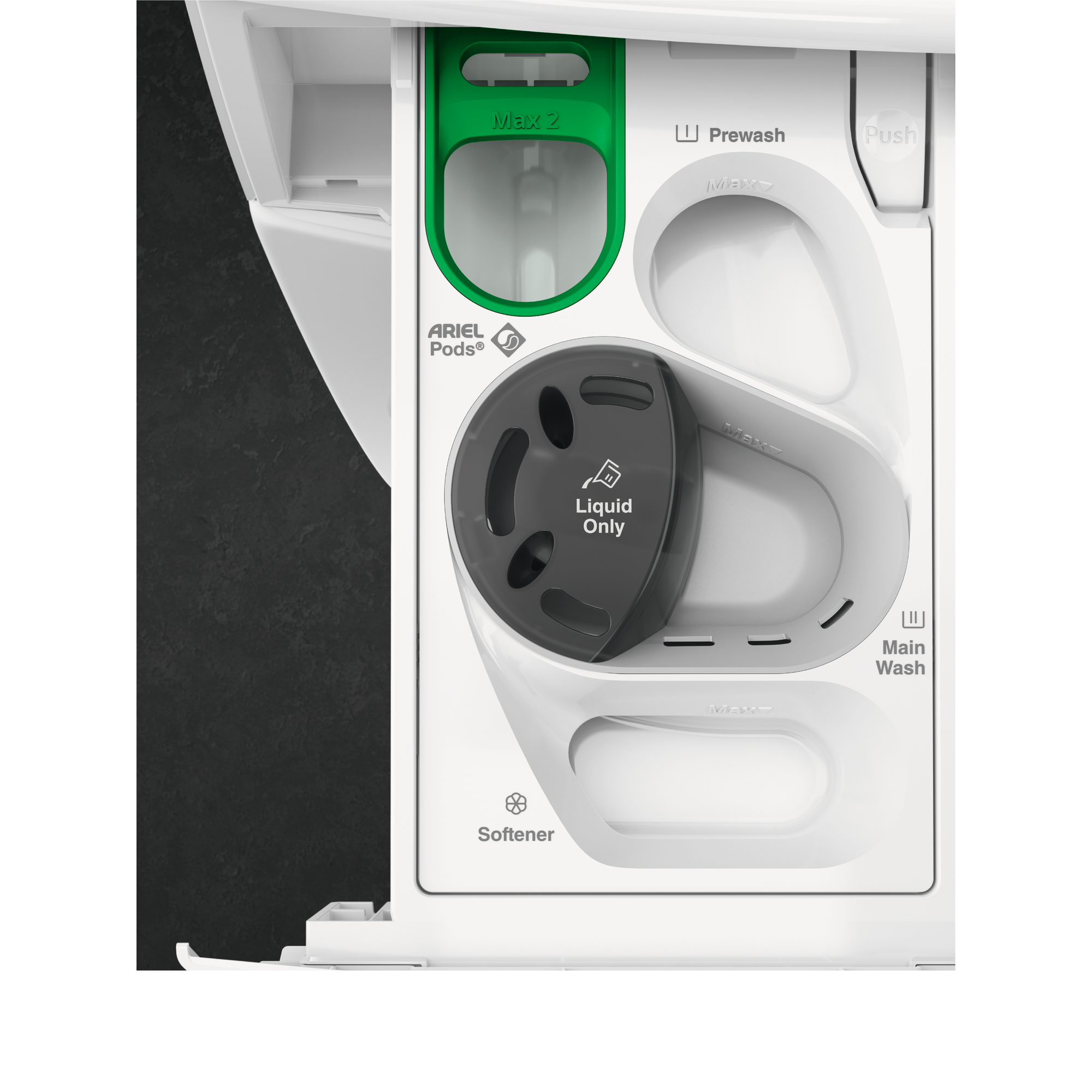 Dozownik detergentu do pralki. Biały z zielonymi i czarnymi przegrodami. Logo Ariel Pods.