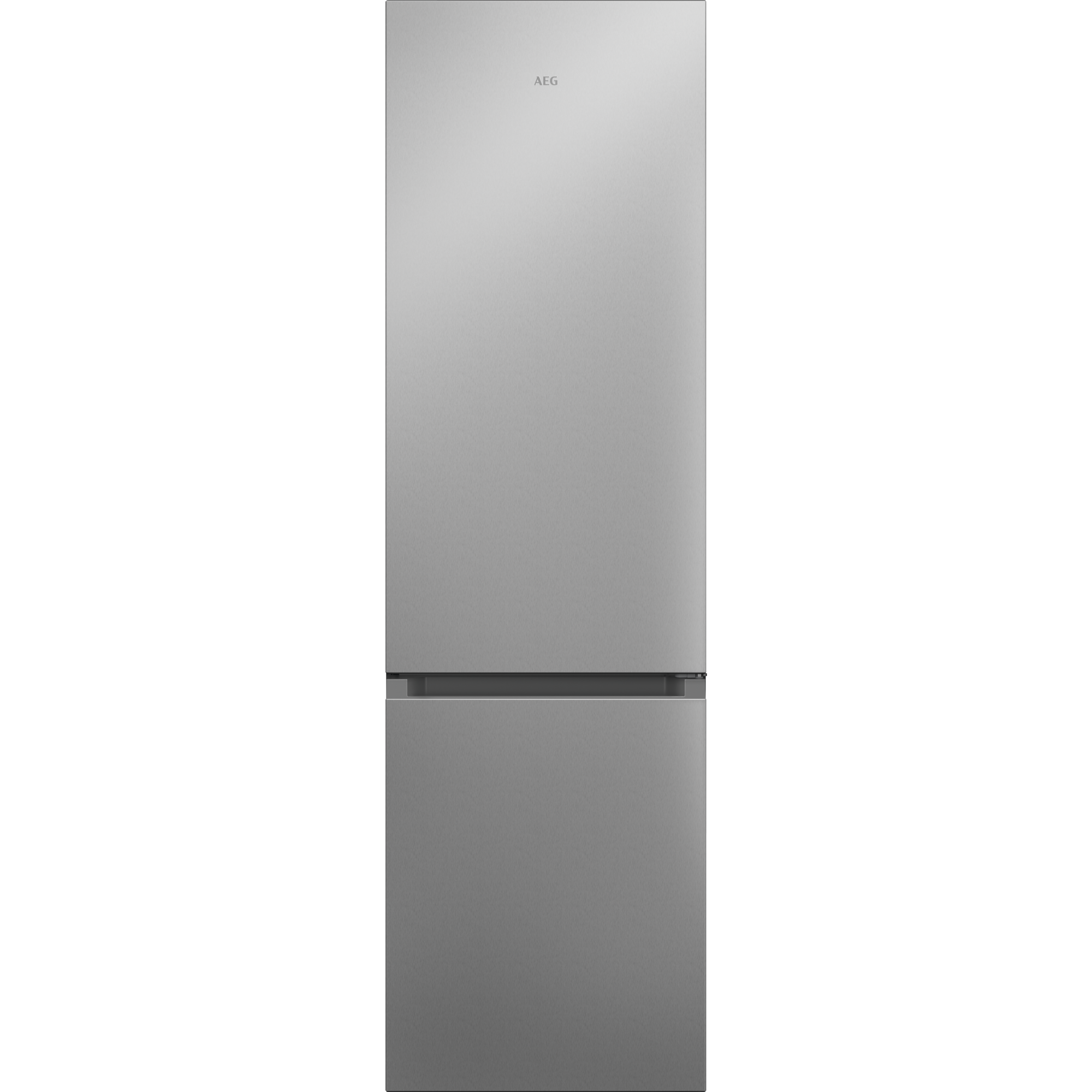 Un refrigerador AEG plateado con congelador inferior sobre un fondo negro.