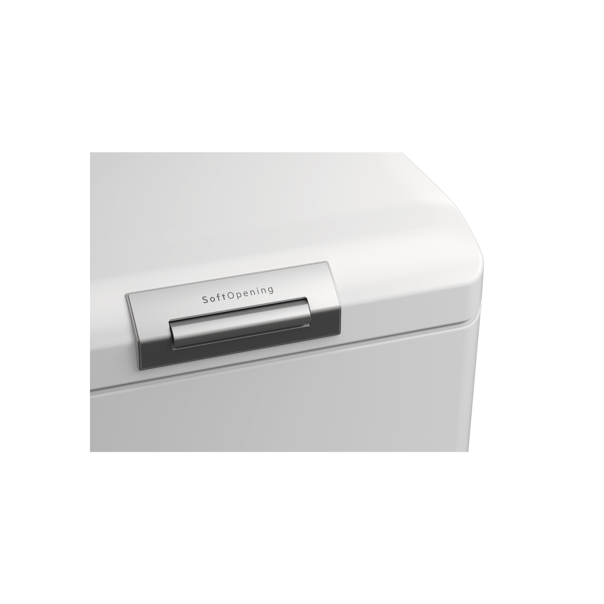 Białe drzwi lodówki mają srebrną klamkę z napisem 'SoftOpening' powyżej.