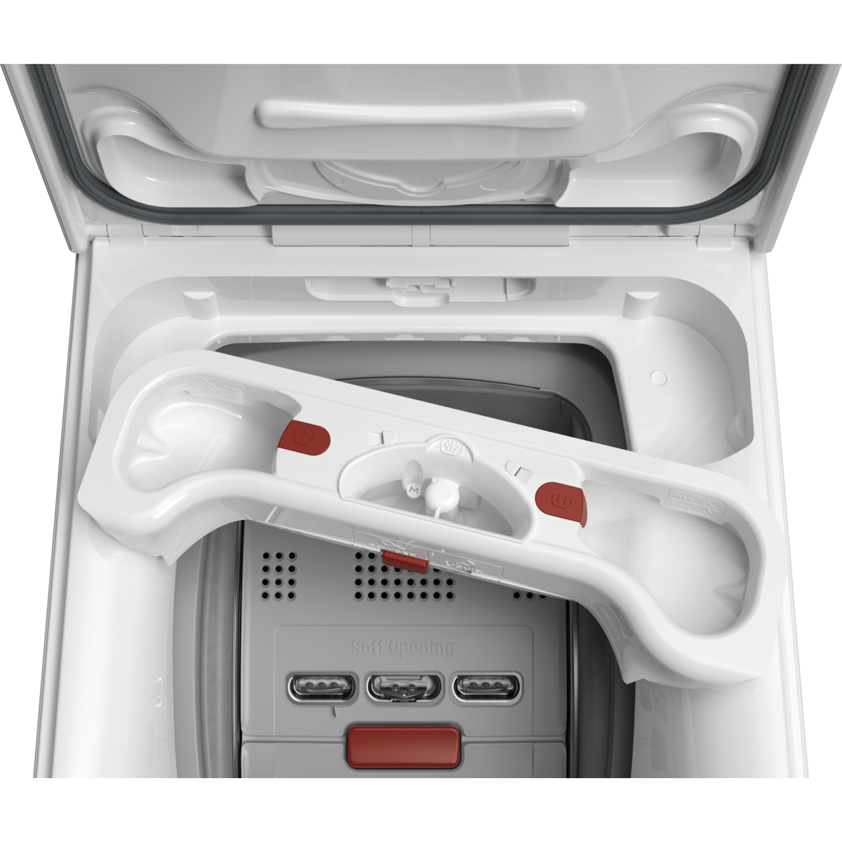 Wnętrze pralki z otwartą szufladą na detergent. Widoczne czerwone przyciski i białe plastikowe części.