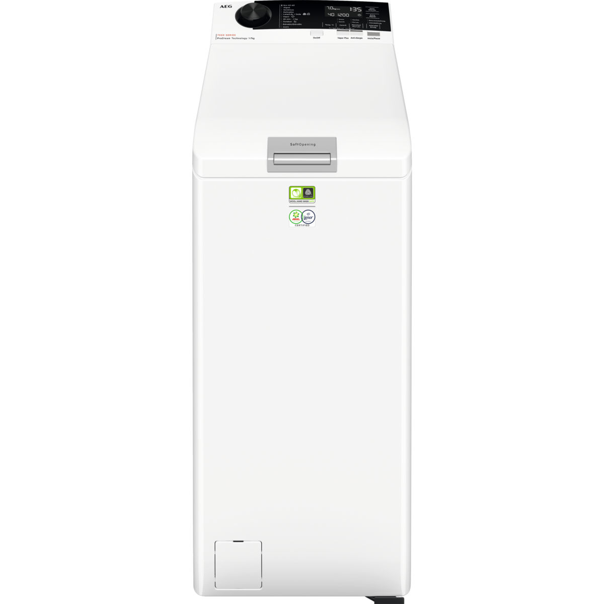 Biała pralka z panelem sterowania i funkcją automatycznego otwierania.