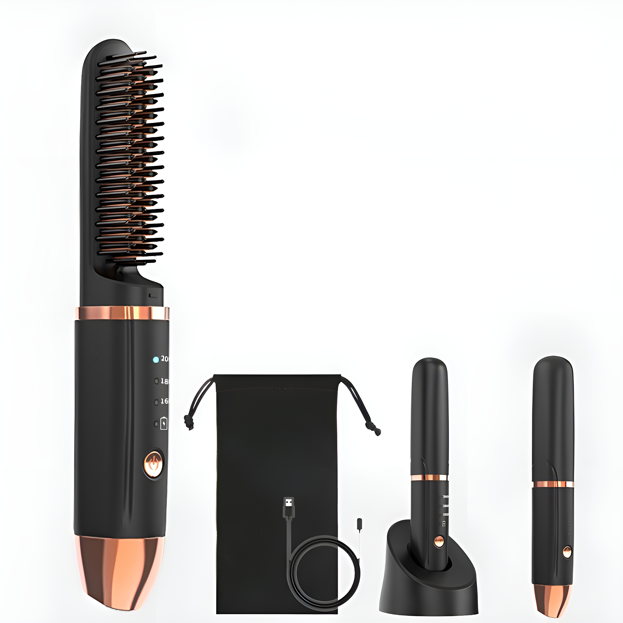 Ein schwarzes und roségoldenes Haarstyling-Tool mit verschiedenen Aufsätzen und einer Ladestation.