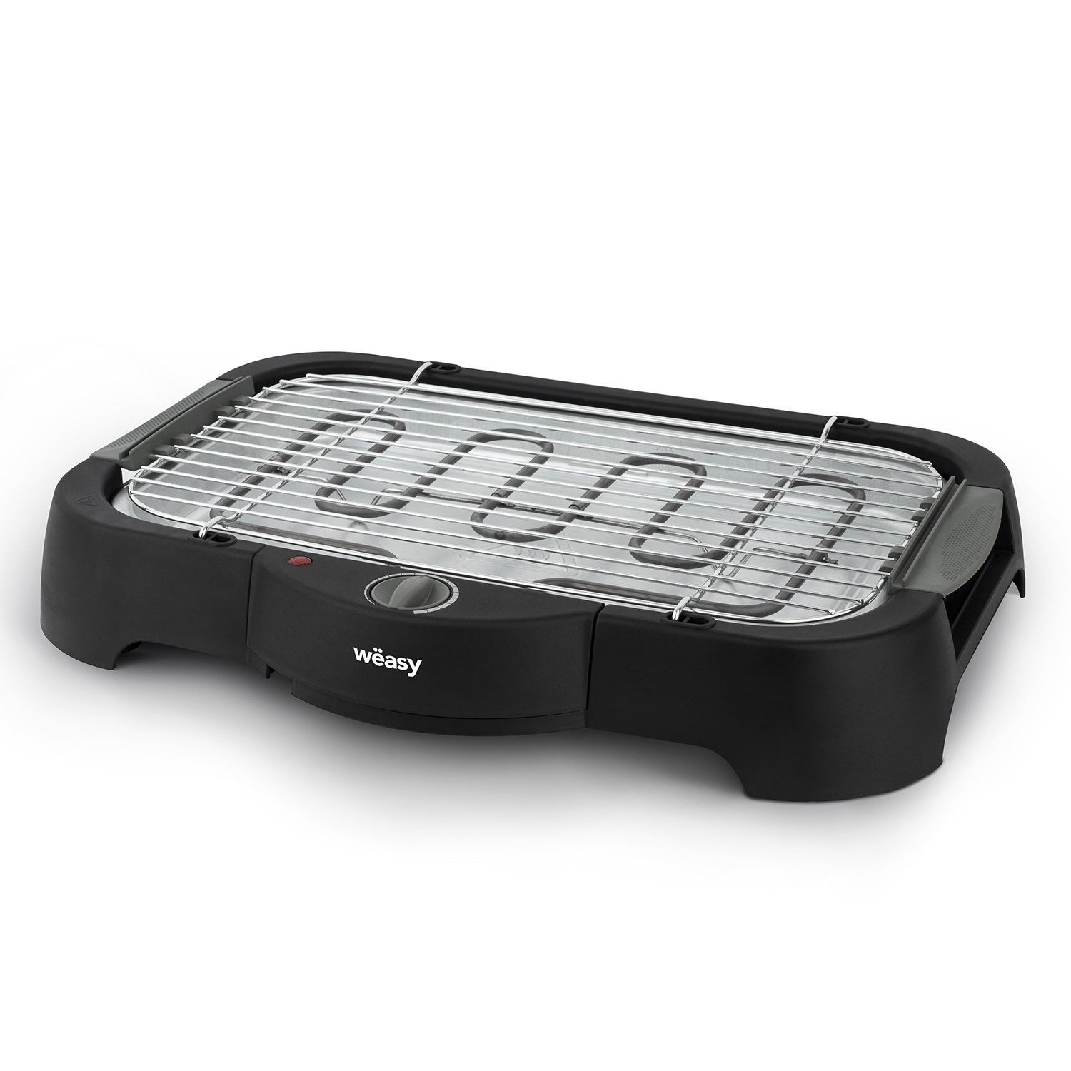 Schwarzer Elektrogrill mit Metallgrillplatte und Drehregler. Auf weißem Hintergrund.