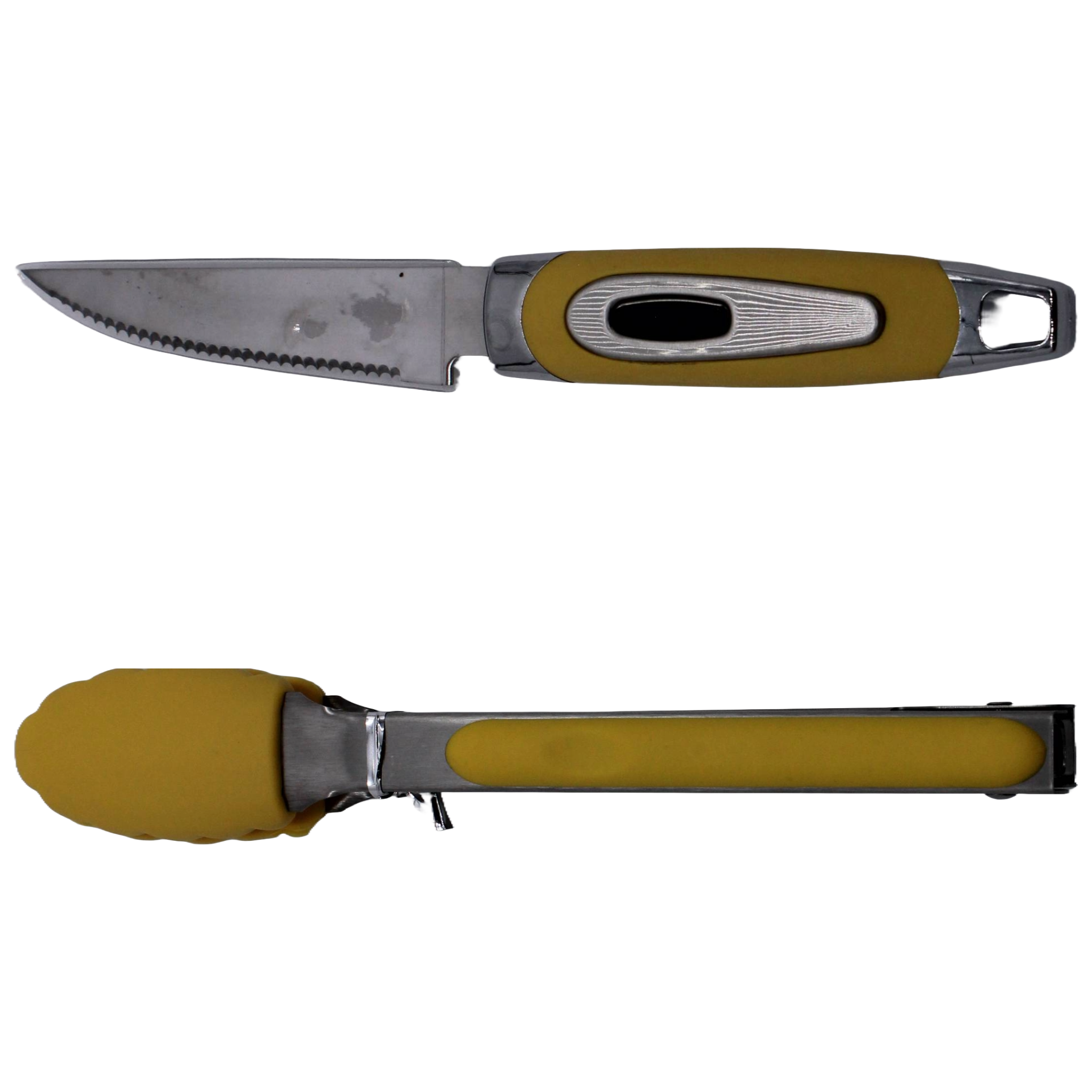 Ein Messer und eine Zange, beide mit gelben Griffen. Das Messer hat eine gezahnte Klinge und einen Flaschenöffner.
