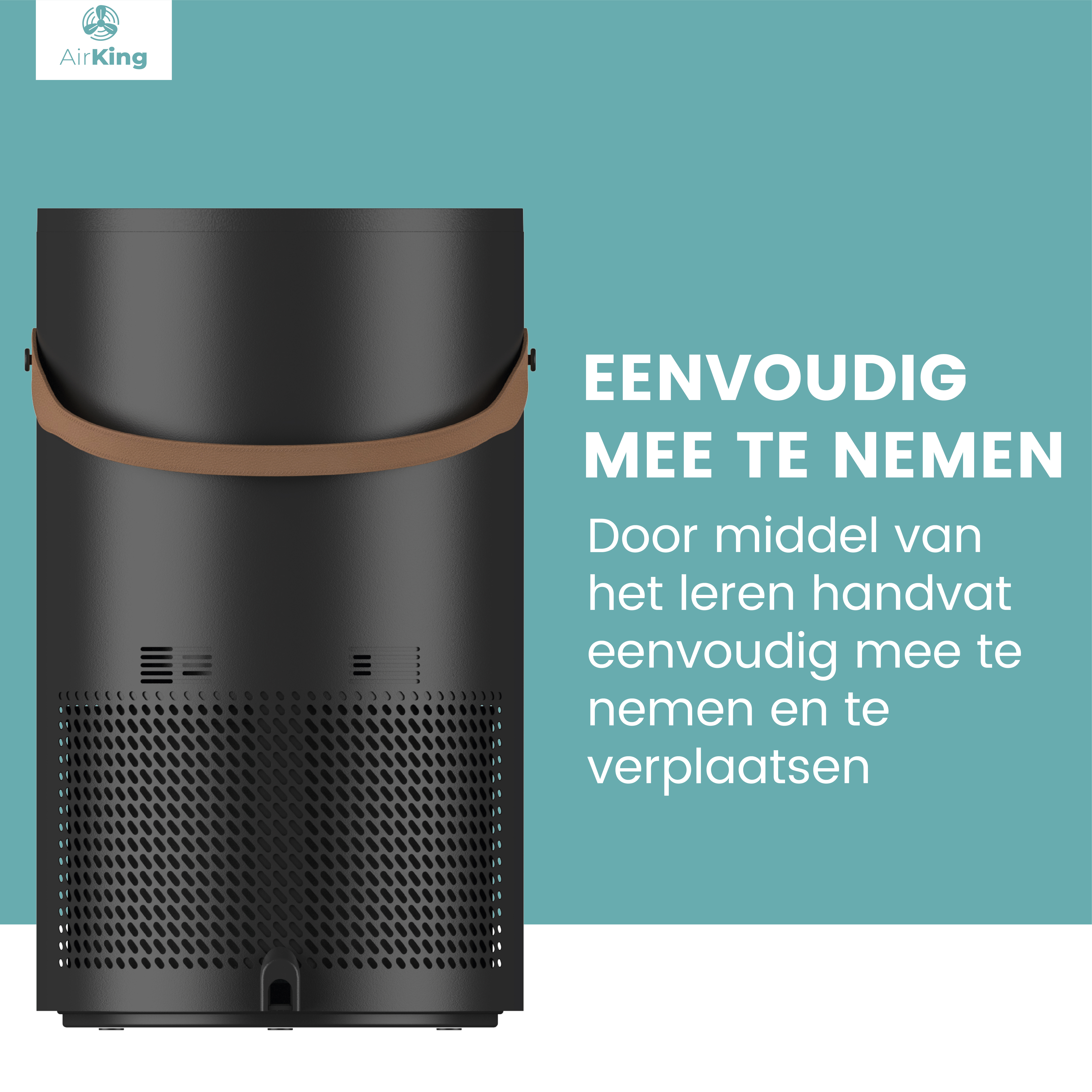 Purificateur d'air noir avec poignée marron, texte : 'EENVOUDIG MEE TE NEMEN' (facile à transporter).