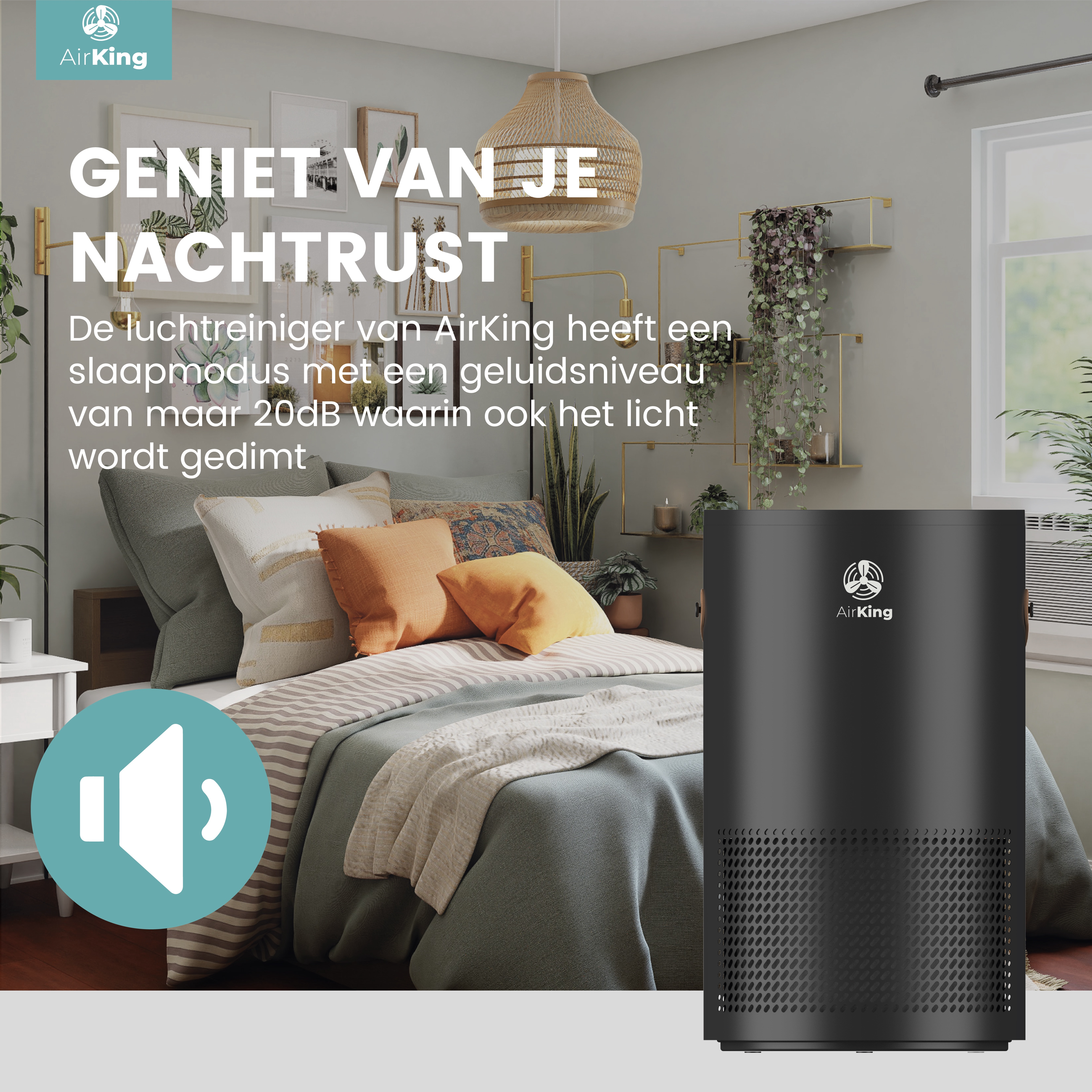 Scène de chambre avec un purificateur d'air. Texte en néerlandais : Profitez de votre repos nocturne.