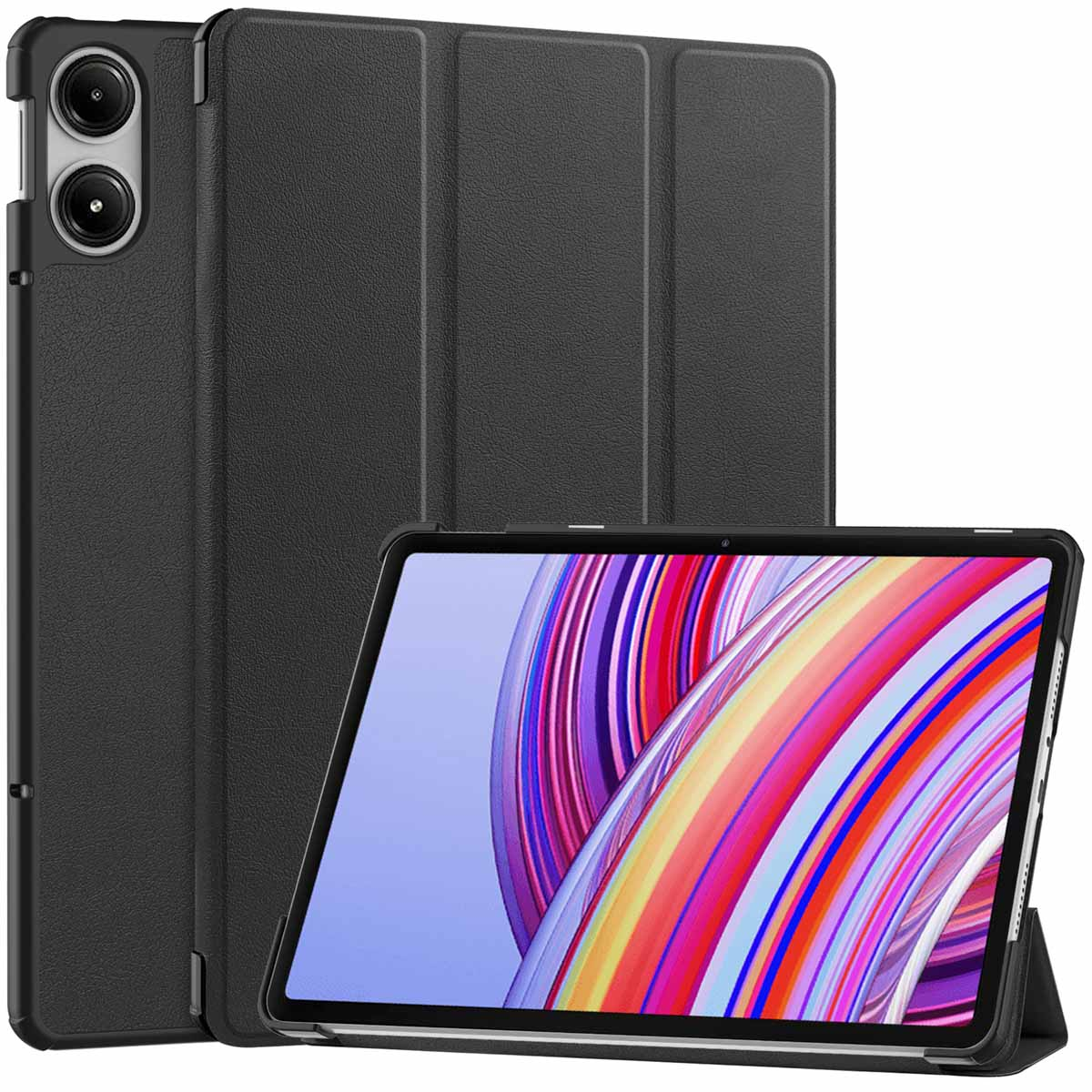 Black tablet with a black case, the case is folded and has cameras.
