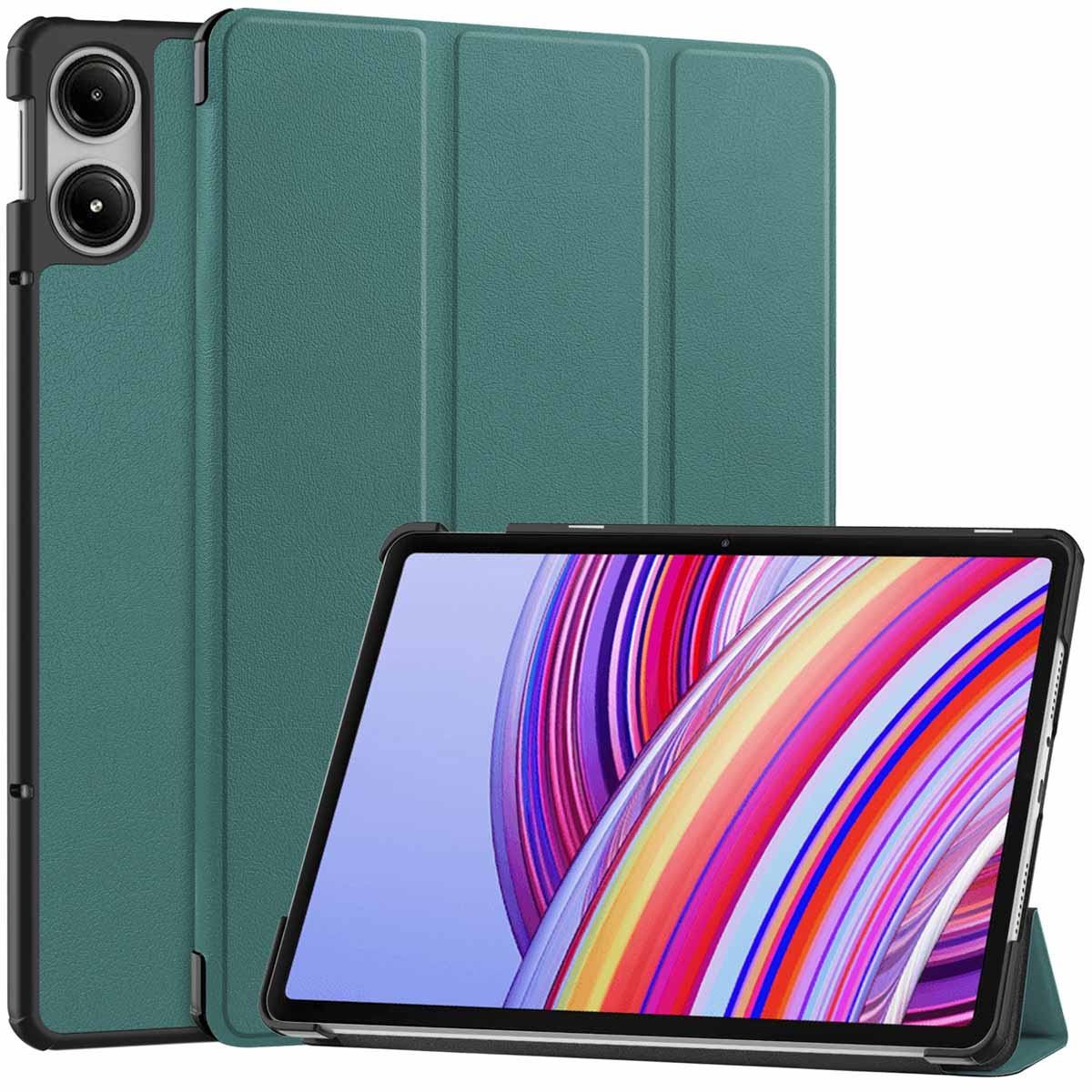 Green tablet case with a tablet inside, with a camera on the back.