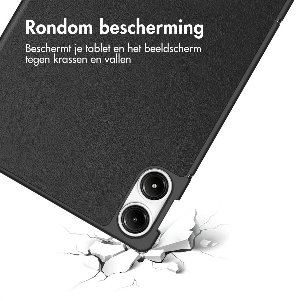 Black tablet case with text: All-around protection. The case is falling and a crack appears.