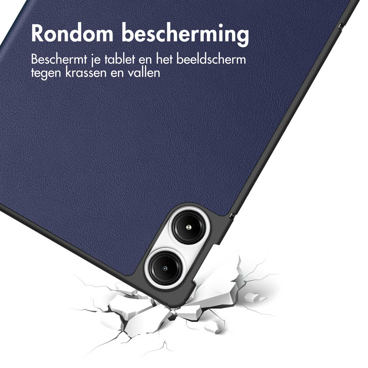 Tablet in blue case, corner cracked from impact. Text: 'Rondom bescherming' (All-around protection).